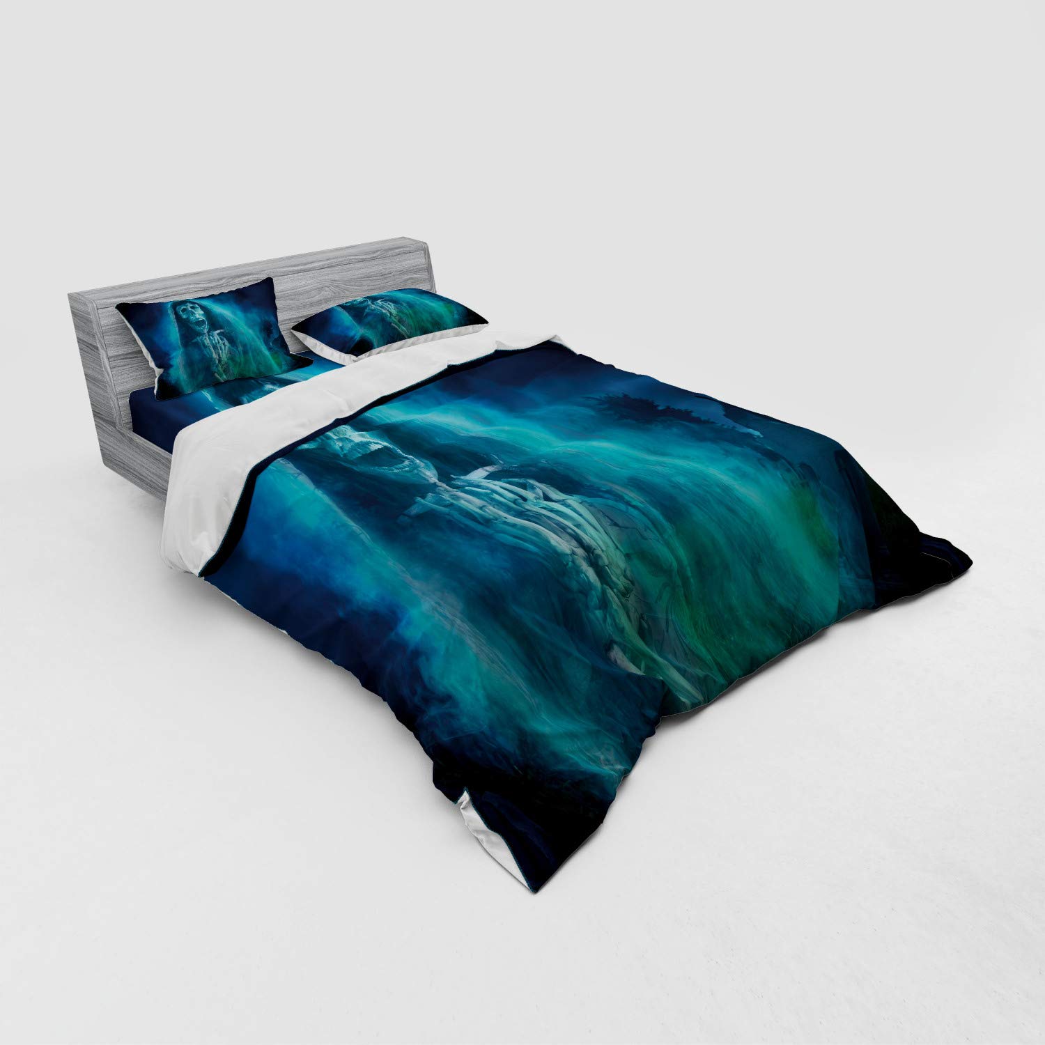 Ambesonne Halloween Bedding Set - Gothic Dark Ghost Skull Digital Print Duvet Cover 4-Piece Set with Shams & Fitted Sheet, Queen Size, Blue - Perfect for Spooky Bedroom Decor & Horror Theme Parties