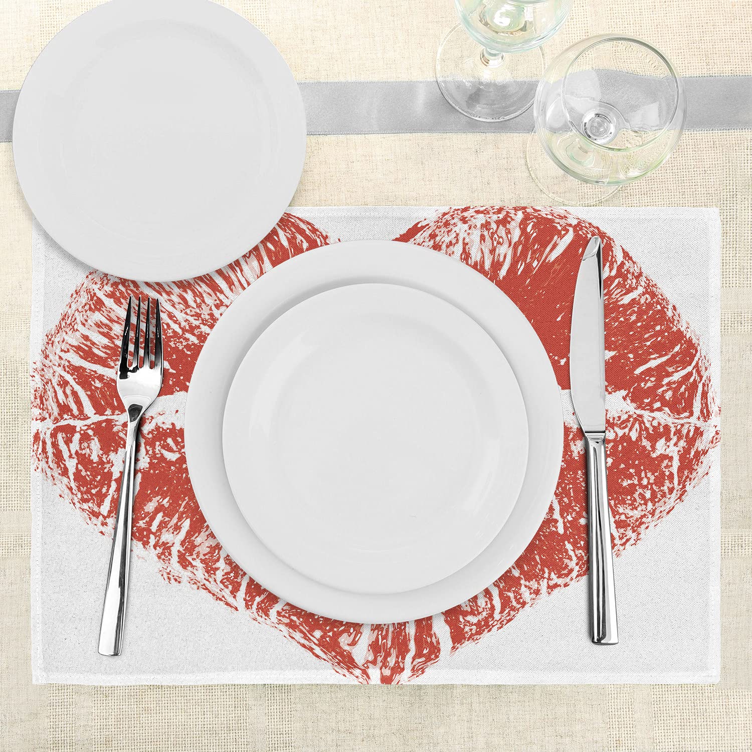 Ambesonne 4-Piece Kiss Placemats Set - Romantic Red Lipstick Heart Design for Dining Table Decor, Washable Fabric Place Mats for Kitchen & Dining Room - Perfect for Valentine's Day, Date Night & Romantic Dinners (Red & White)