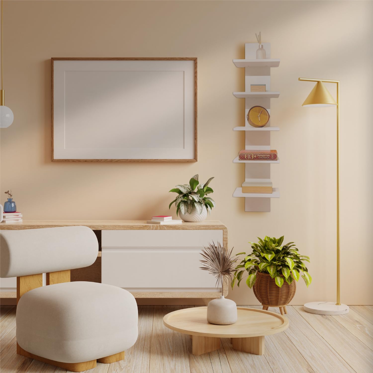 VidaNaticle 5-Tier Floating Bookshelf - Rustic White Wall Shelf for Living Room, Bedroom & Office - Organizer for Books, CDs, Perfume & Shoes - Space-Saving Decorative Storage Solution - Perfect for Small Spaces & Home Décor