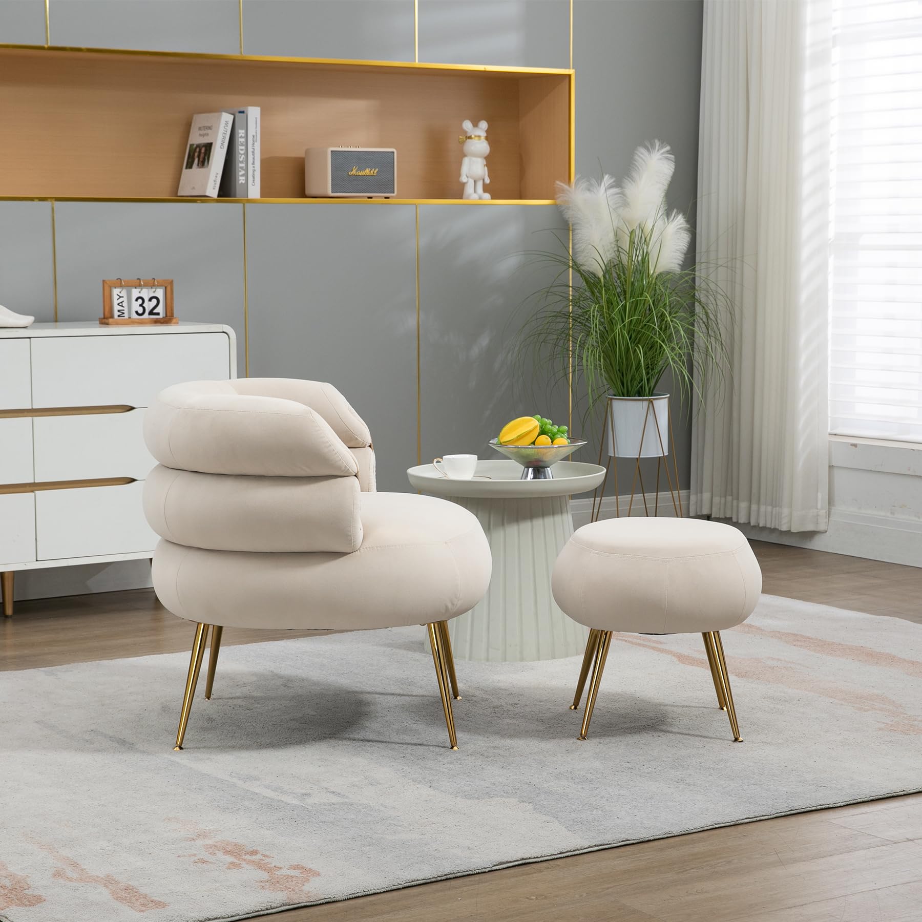 Dolonm Velvet Accent Chair with Ottoman - Modern Barrel Club Chair with Gold Legs for Living Room, Bedroom & Dorm - Cozy Reading Armchair in Beige | Perfect for Relaxing, Lounging & Home Decor