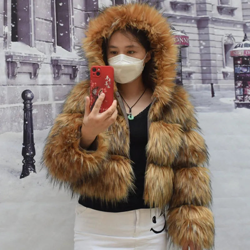 Women's Faux Fur Coat Winter Jacket - Warm Thick Fox & Raccoon Style Brown Fake Fur Coat for Plus Size | Cozy Outerwear for Cold Weather, Holiday Parties & Fashion Outings