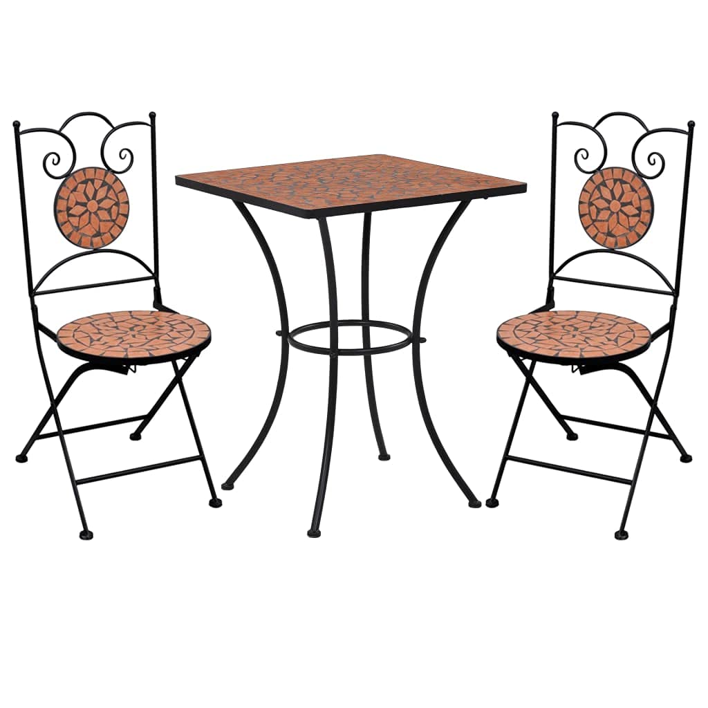 3 Piece Mosaic Bistro Set with Ceramic Tile Top - Durable Outdoor Patio Furniture for Small Spaces, Balcony, Garden & Backyard - Terracotta Conversation Set for Relaxing, Entertaining & Coffee Time
