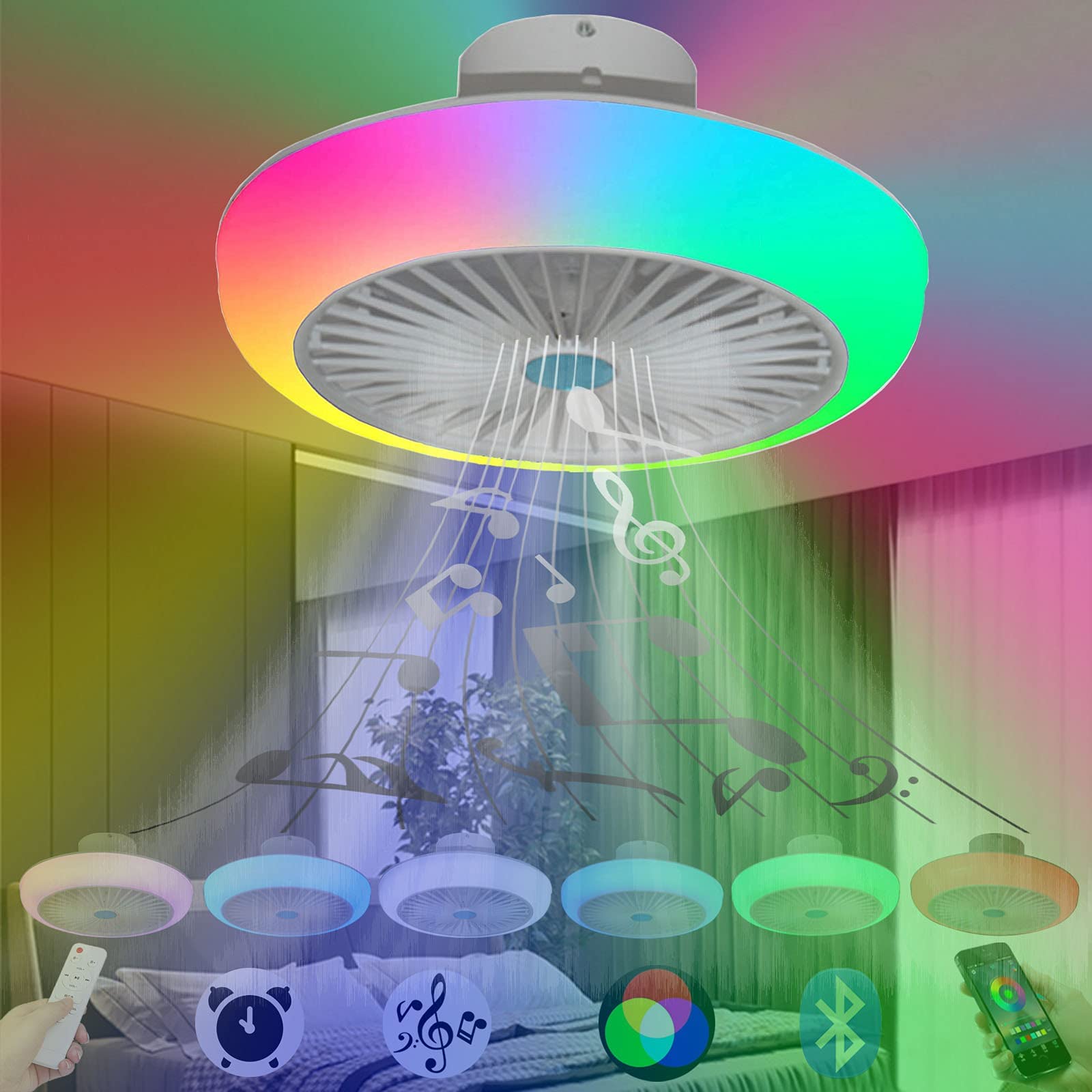Smart RGB Dimmable LED Ceiling Fan with Bluetooth Speaker & Remote Control - 17.7