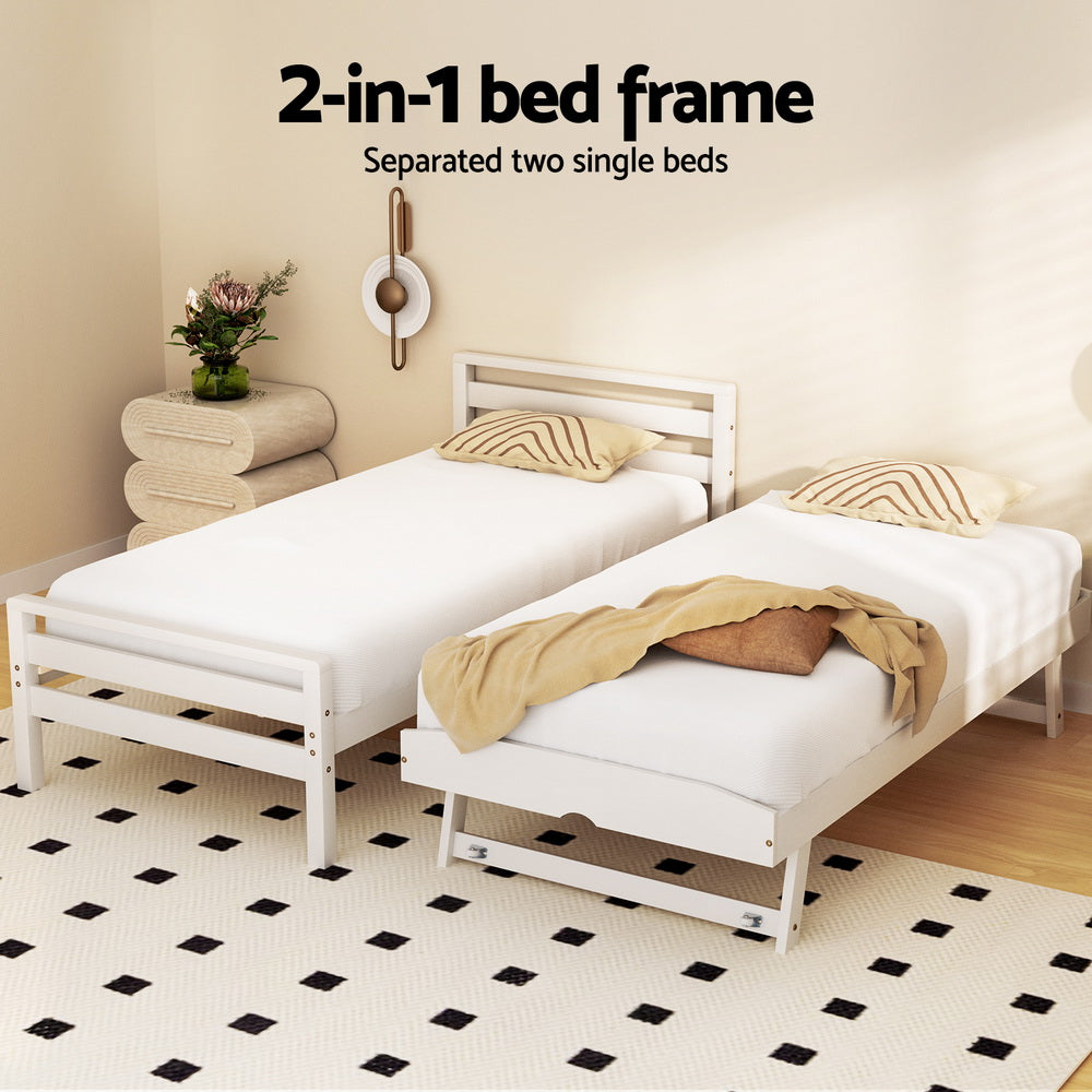 White Avis Wooden Trundle Single Bed Frame - Space-Saving Twin Size Guest Bed with Storage Drawer, Perfect for Kids Room, Guest Bedroom & Small Apartments