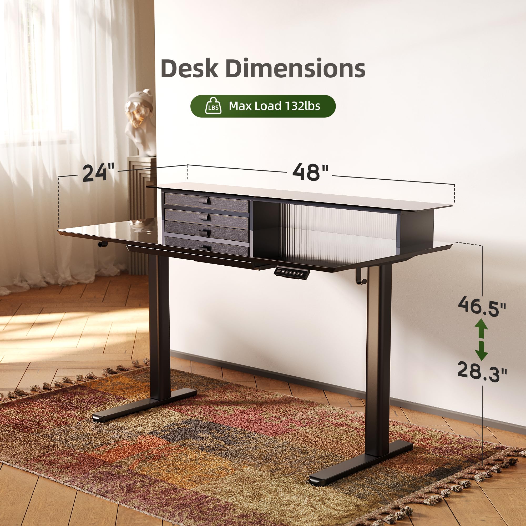 48x24 Inch Height Adjustable Glass Standing Desk with 3 Drawers, USB Ports & LED Lights - Electric Stand Up Desk with Monitor Stand for Home Office, Gaming Setup, and Modern Workspace (Black)