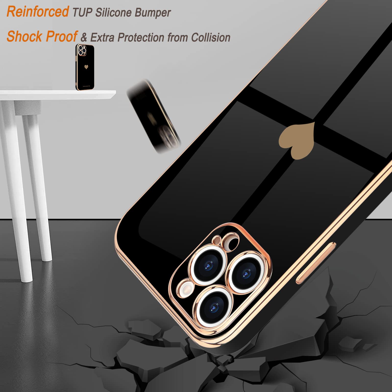 Teageo Luxury Bling Plating iPhone 12 Pro Case - Cute Love Heart Design, Soft Silicone Shockproof Cover with Raised Camera Protection for Women & Girls (Black) - Perfect for Daily Use, Parties & Gift Giving