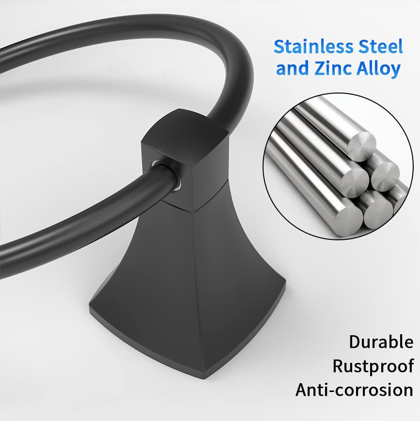 Matte Black Stainless Steel & Zinc Alloy Wall Mounted Towel Ring Holder - Bathroom & Kitchen Hand Towel Hanger for Home Decor and Spa Style Organization
