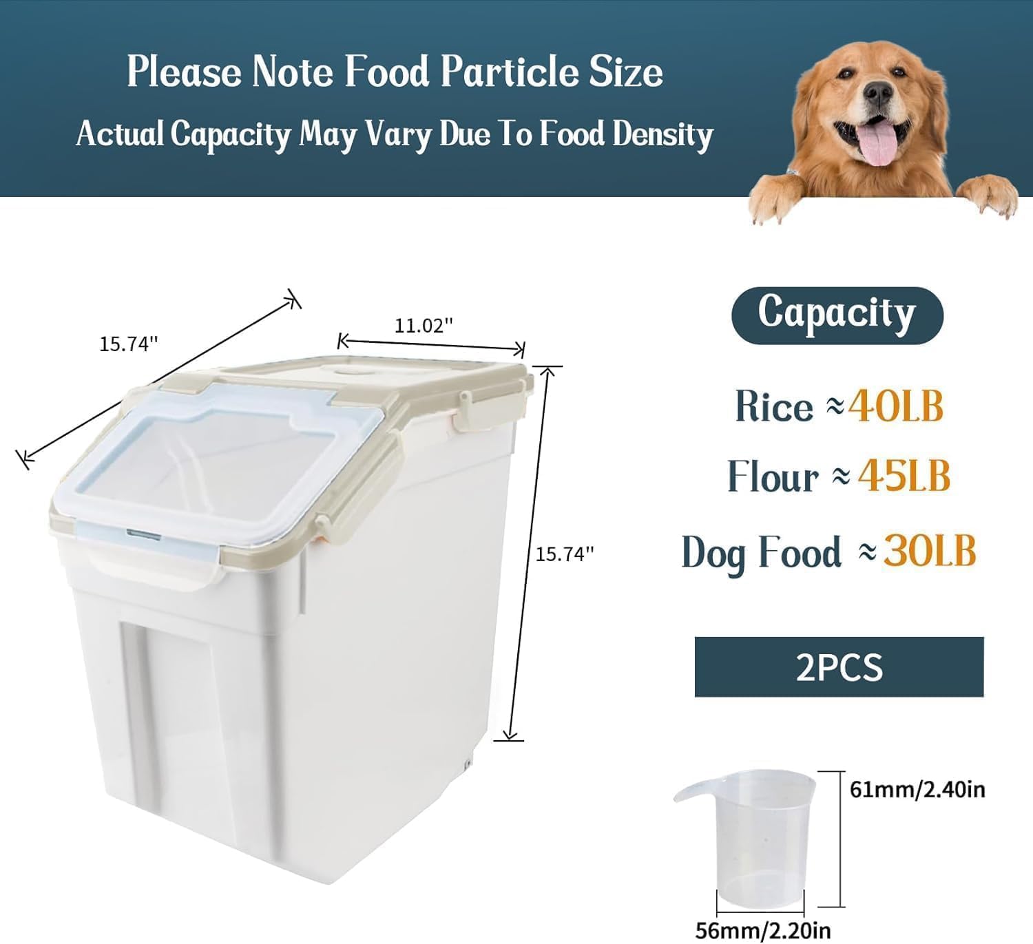 50LB Airtight Flour Storage Container with Wheels - 2 Pack Plastic Food Bin with Seal Locking Lid, Measuring Cup & Scoop - Ideal for Flour, Rice, Grain Storage (100LBS Total Capacity, Grey) - Perfect for Kitchen Pantry Organization & Bulk Food Storage