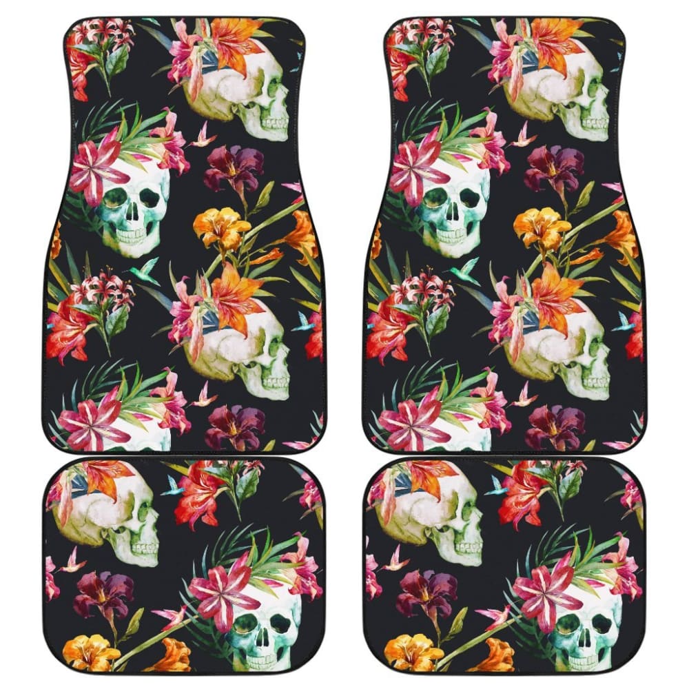 4 Pcs Floral Sugar Skull Car Mats - Non-Slip Floor Mats for Cars, Trucks & SUVs - Perfect for Day of the Dead Decor & Automotive Protection