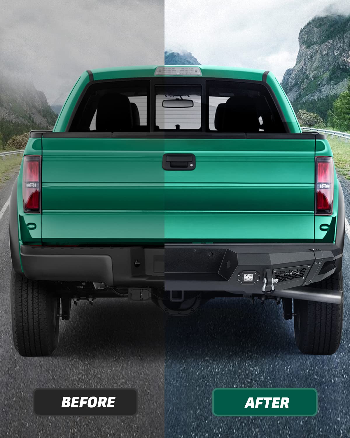 SCITOO Rear Bumper Replacement for 2009-2014 Ford F-150 with D-Ring & LED Lights - Textured Black - Heavy Duty Off-Road Truck Accessory for Towing & Adventure