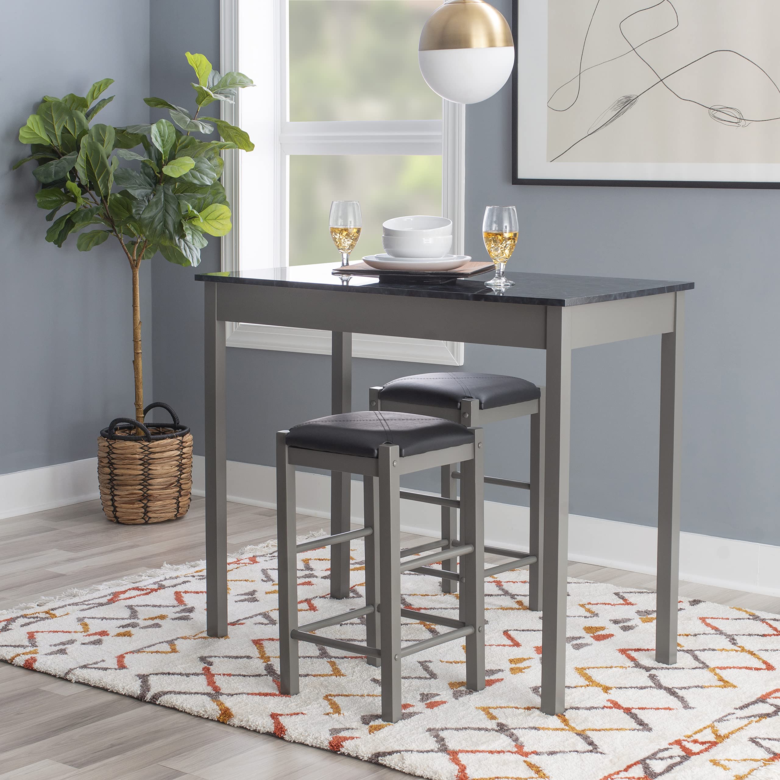 Linon Grey and Faux Marble 3-Piece Tavern Set - Bar Height Table with 2 Stools for Kitchen, Dining Room, or Pub Decor