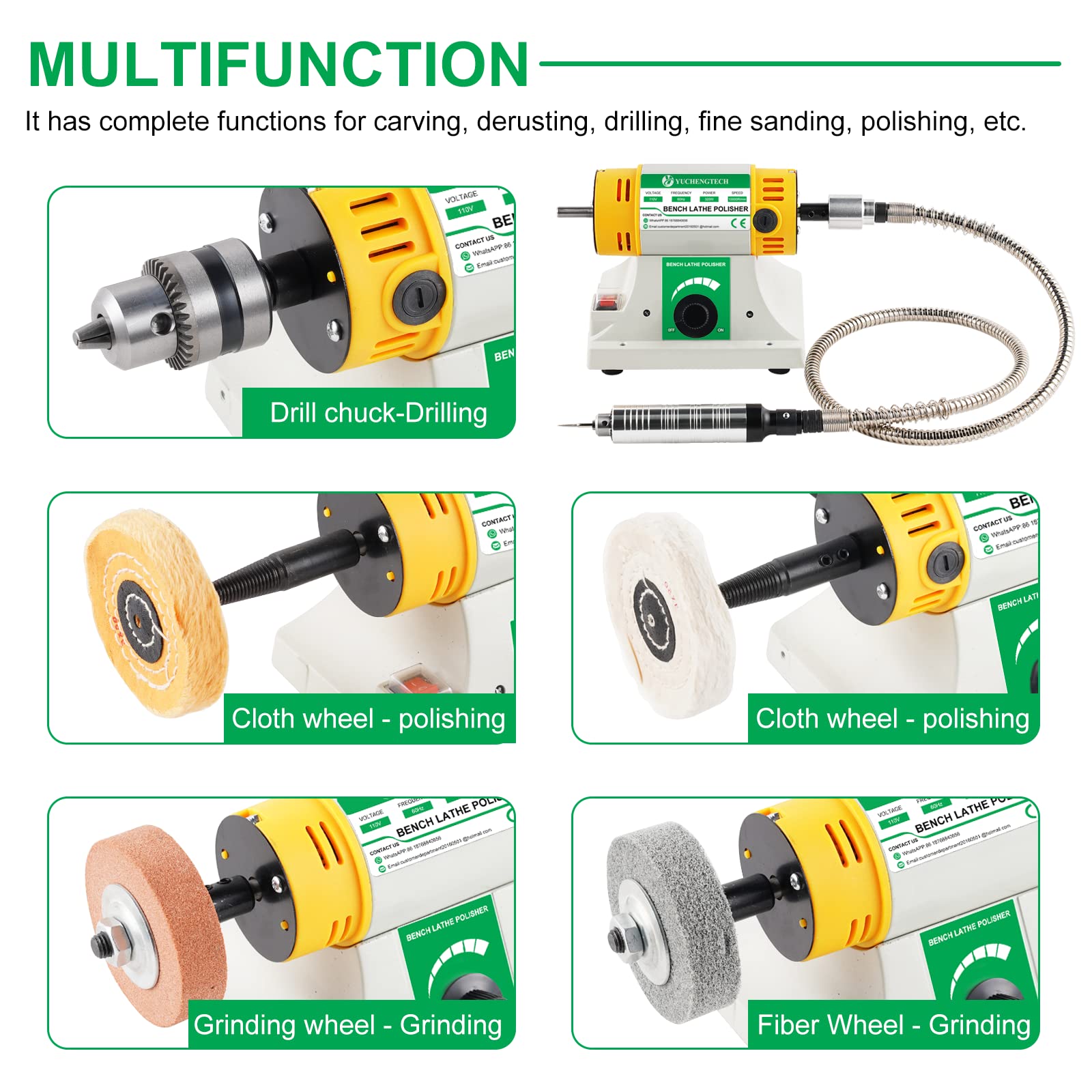 YUCHENGTECH Mini Bench Buffer Polisher - 110V Jewelry Polishing Machine for Wood, Jade, Metal & DIY Projects - Compact Electric Lathe Buffing Tool for Home Workshops & Jewelry Making