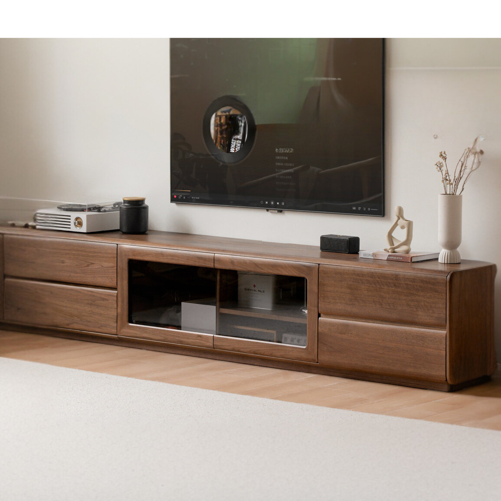 Premium Black Walnut & Ash Solid Wood TV Stand - Modern Entertainment Center for Living Room, Home Theater & Media Storage