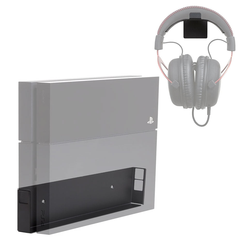 HIDEit PS4 Wall Mount Bracket - Black | Headset Bundle | Space-Saving Gaming Accessory for PlayStation 4 | Perfect for Small Rooms & Organized Gaming Setup