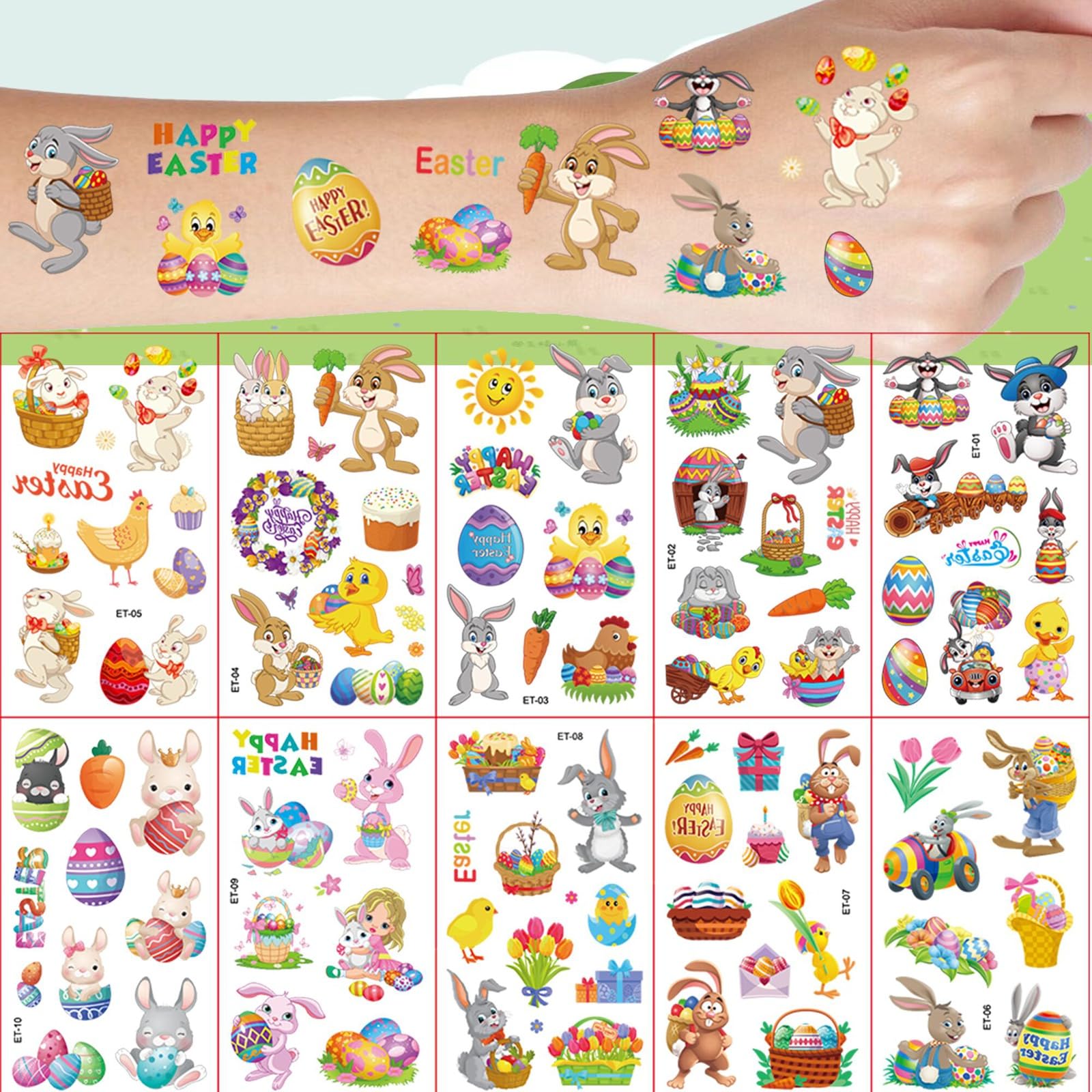 10 Sheets Happy Easter Temporary Tattoos for Kids - Bunny & Egg Designs - Easter Party Favors, Goodie Bag Fillers, Basket Stuffers - Perfect for Easter Celebrations, Egg Hunts & Classroom Activities