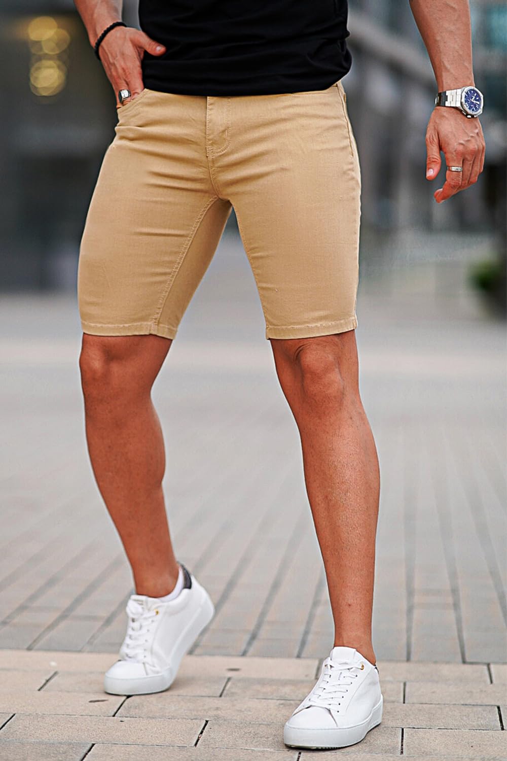 GINGTTO Men's Skinny Stretch Denim Shorts - Slim Fit Stretch Jean Shorts for Men | Perfect for Summer, Casual Wear & Outdoor Activities