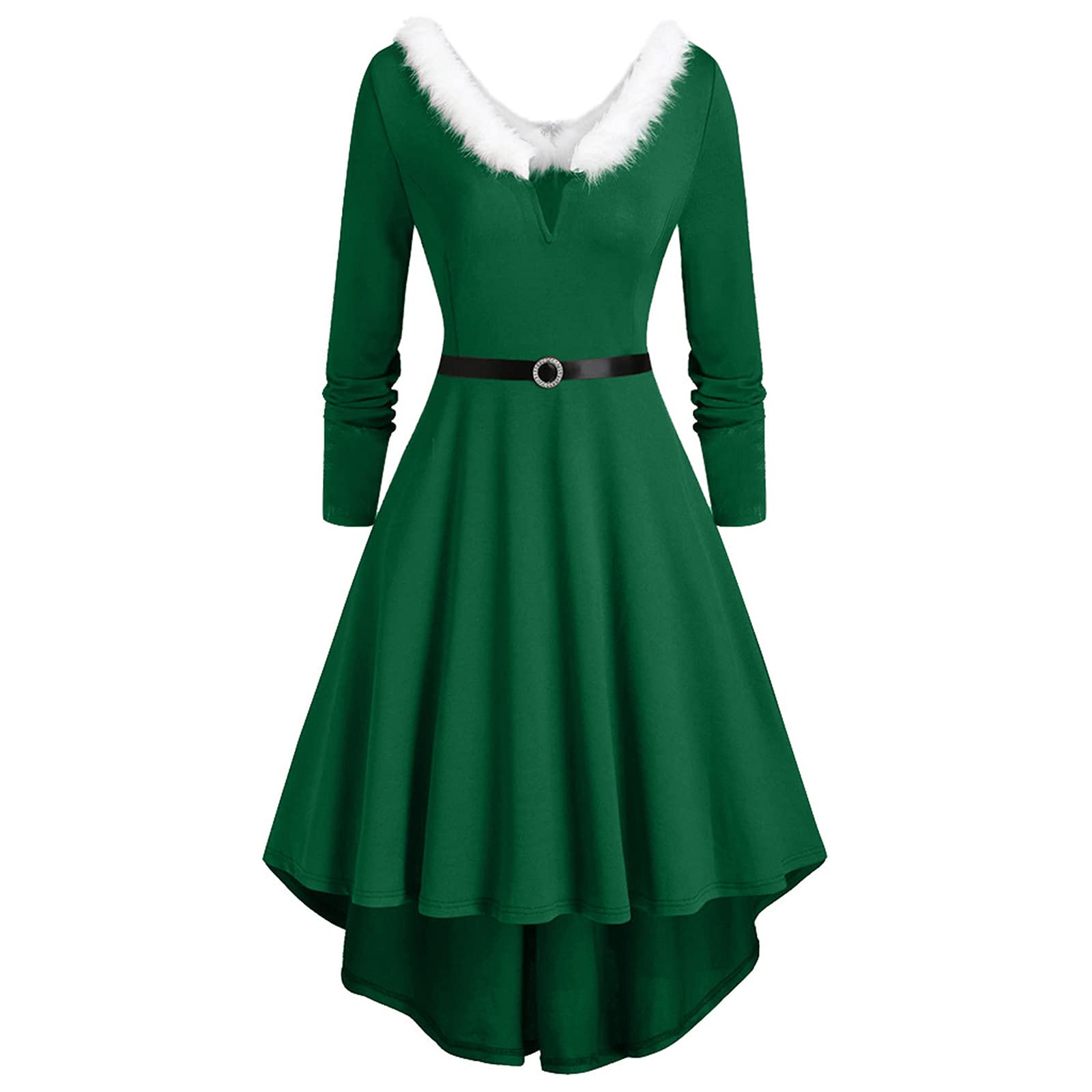 XUSIV Women's Winter Christmas Long Sleeve Fluffy V-Neck Midi Dress - Elegant Formal Party Gown for Holiday Gatherings, Office Parties & Special Occasions