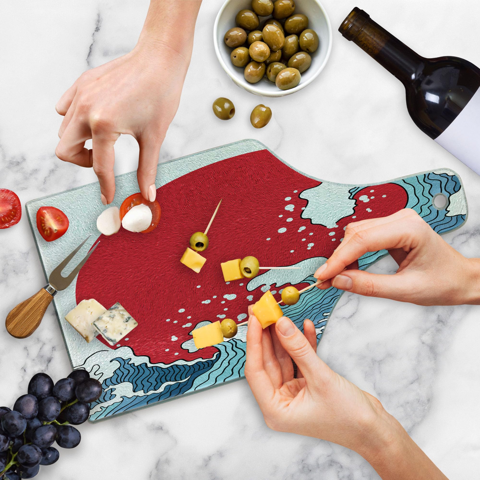 Ambesonne Japanese Wave Tempered Glass Cutting Board - Red Sun Tropical Nautical Design, Wine Bottle Shape Serving Board for Kitchen & Entertaining - Perfect for Sushi Presentation, Charcuterie, and Wine Pairing