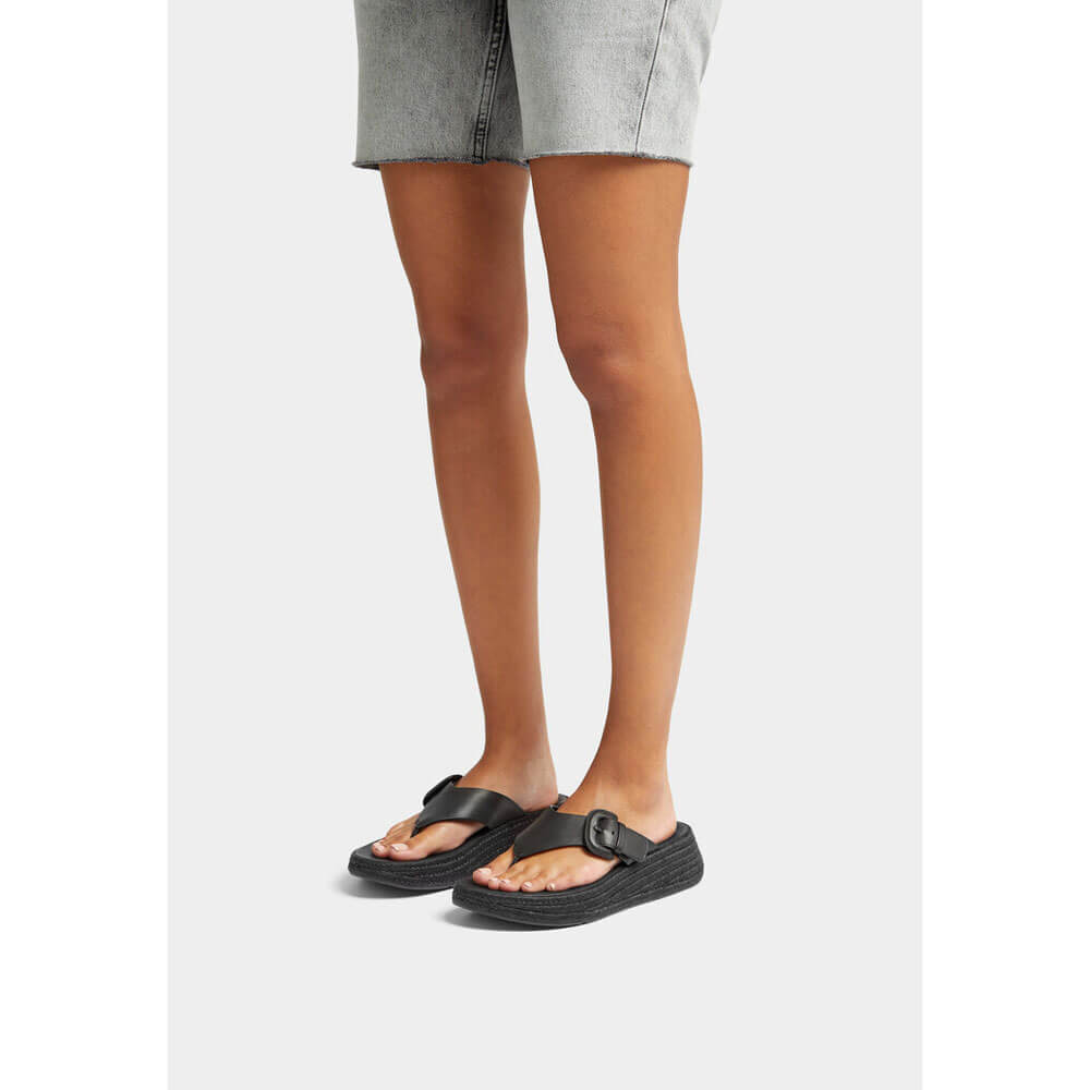 FitFlop F Mode Espadrille Adjustable Leather Flatform Toe Thong Sandals for Women - Black | Comfortable Summer Beach & Casual Walking Sandals