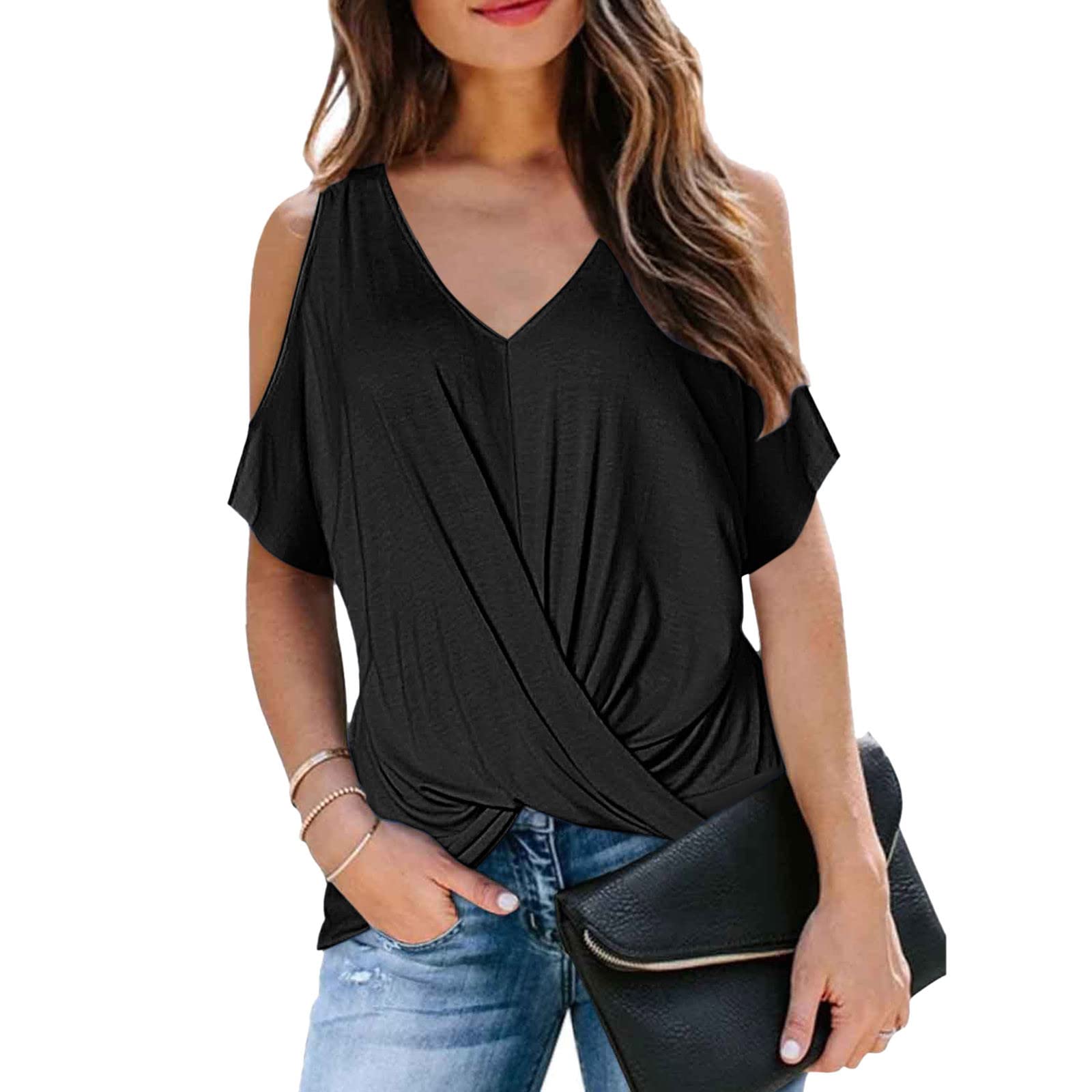 Women's Off Shoulder Blouses - Cold Shoulder Front Twist Knot V Neck T-Shirts | Casual Summer Tops & Cute Shirts for Beach, Date Night & Vacation Outfits
