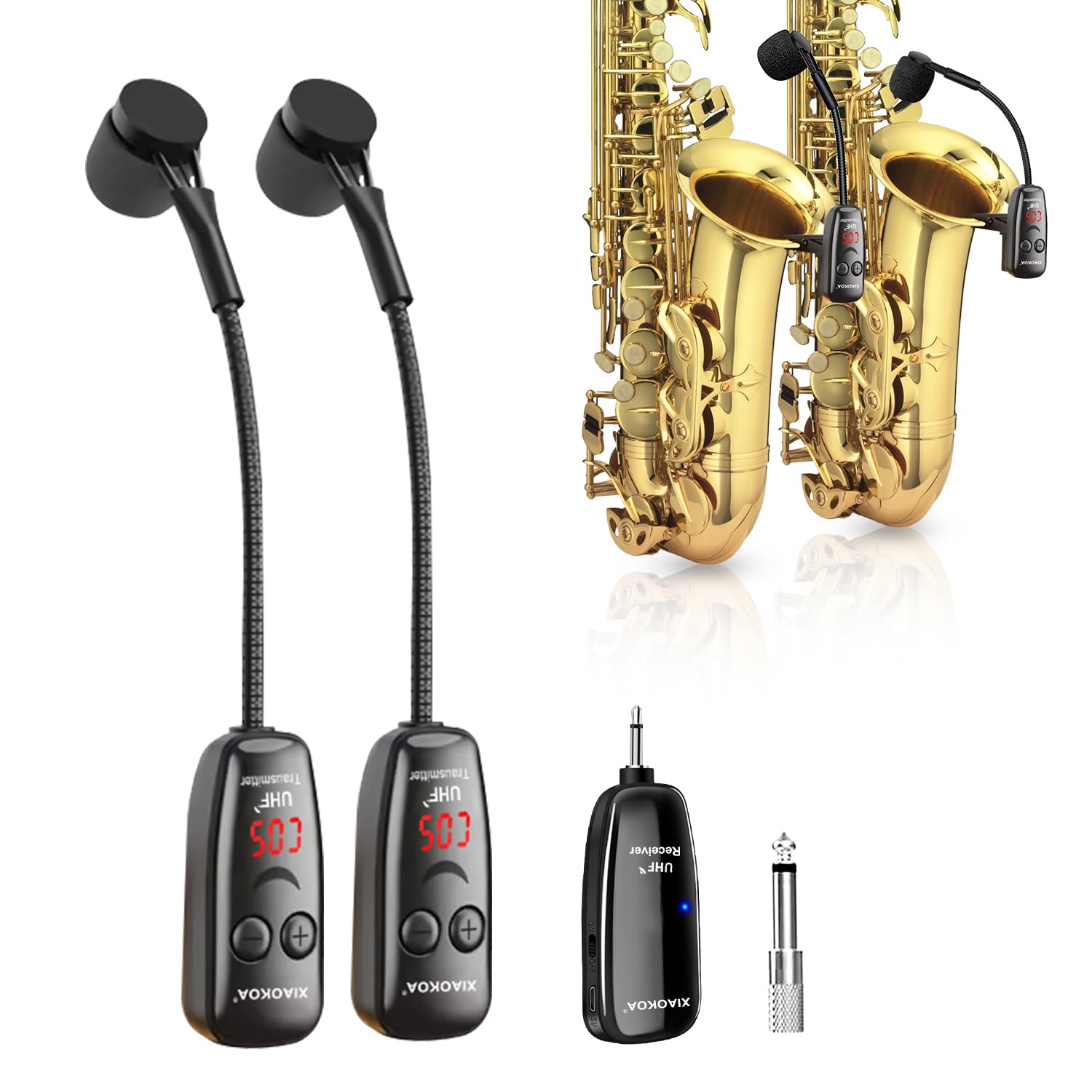 XIAOKOA UHF Wireless Microphone System for Saxophone, Trumpet, Clarinet & Cello - Dual Channel Receiver & Transmitter with 164ft Range, Plug & Play - Perfect for Live Performances, Studio Recording & Stage Shows