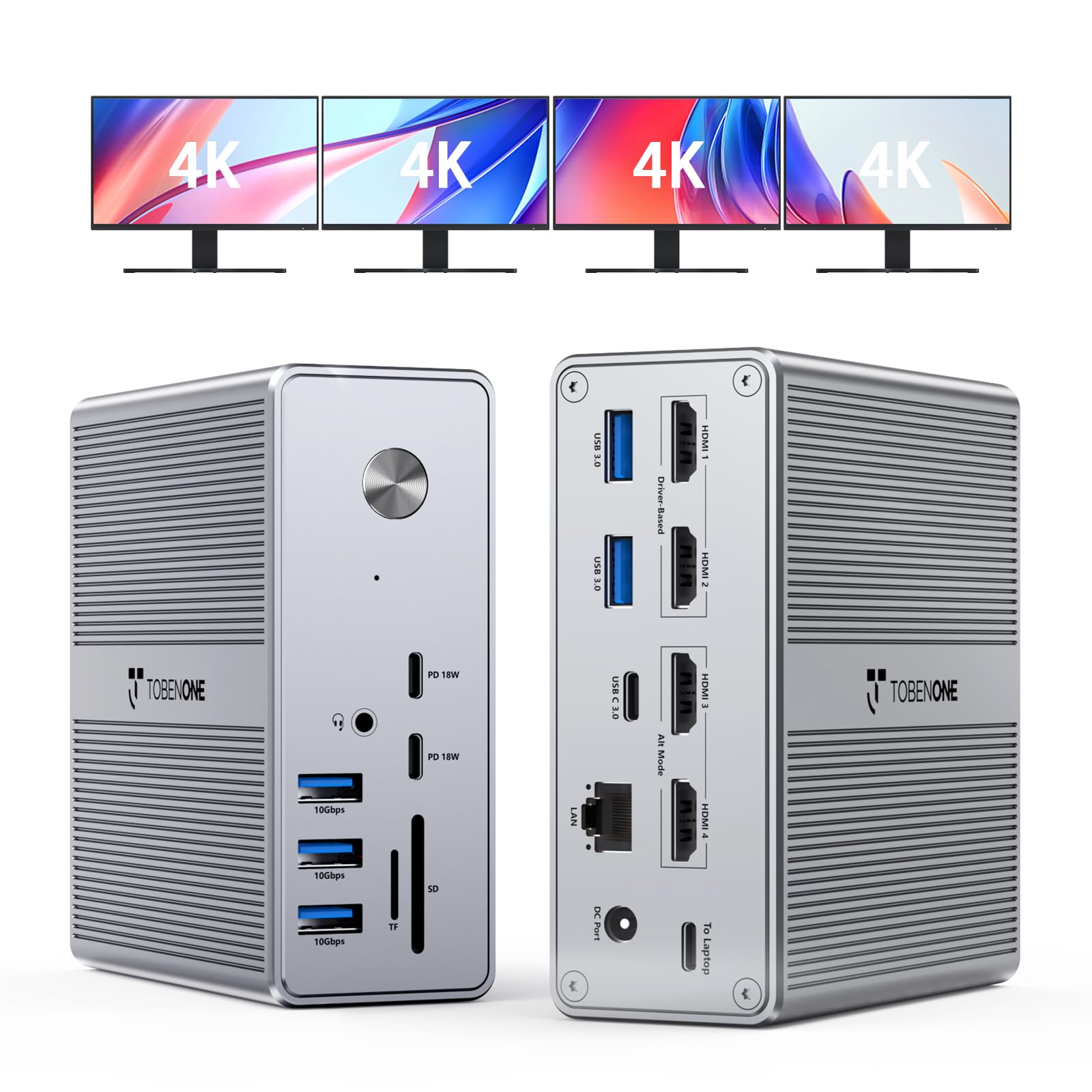 TobenONE 18-in-1 DisplayLink Docking Station with 4 HDMI Ports - Quad/Triple 4K@60Hz Monitor Support, 120W Power Supply - Compatible with Thunderbolt 5/4/3, USB4, USB-C Windows & MacBook (8 USB Ports, Ethernet) - Perfect for Home Office, Multi-Screen Workstations & Gaming Setups