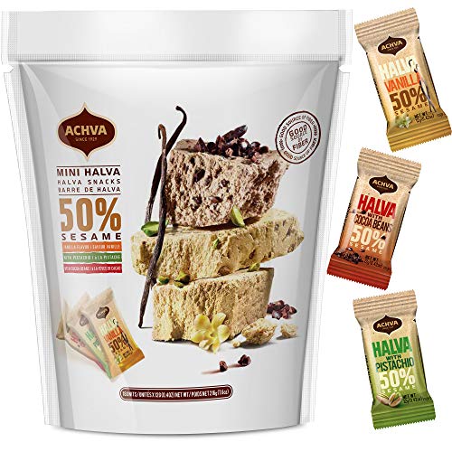 Achva Halva Tahini Bar Mini Snacks - 18-Pack Assorted Flavors (Pistachio, Vanilla, Cocoa Bean) | Vegan, Gluten-Free, Kosher, Lactose-Free Israeli Treats | Perfect for Travel, Office Snacks & Healthy Desserts (12g Each)