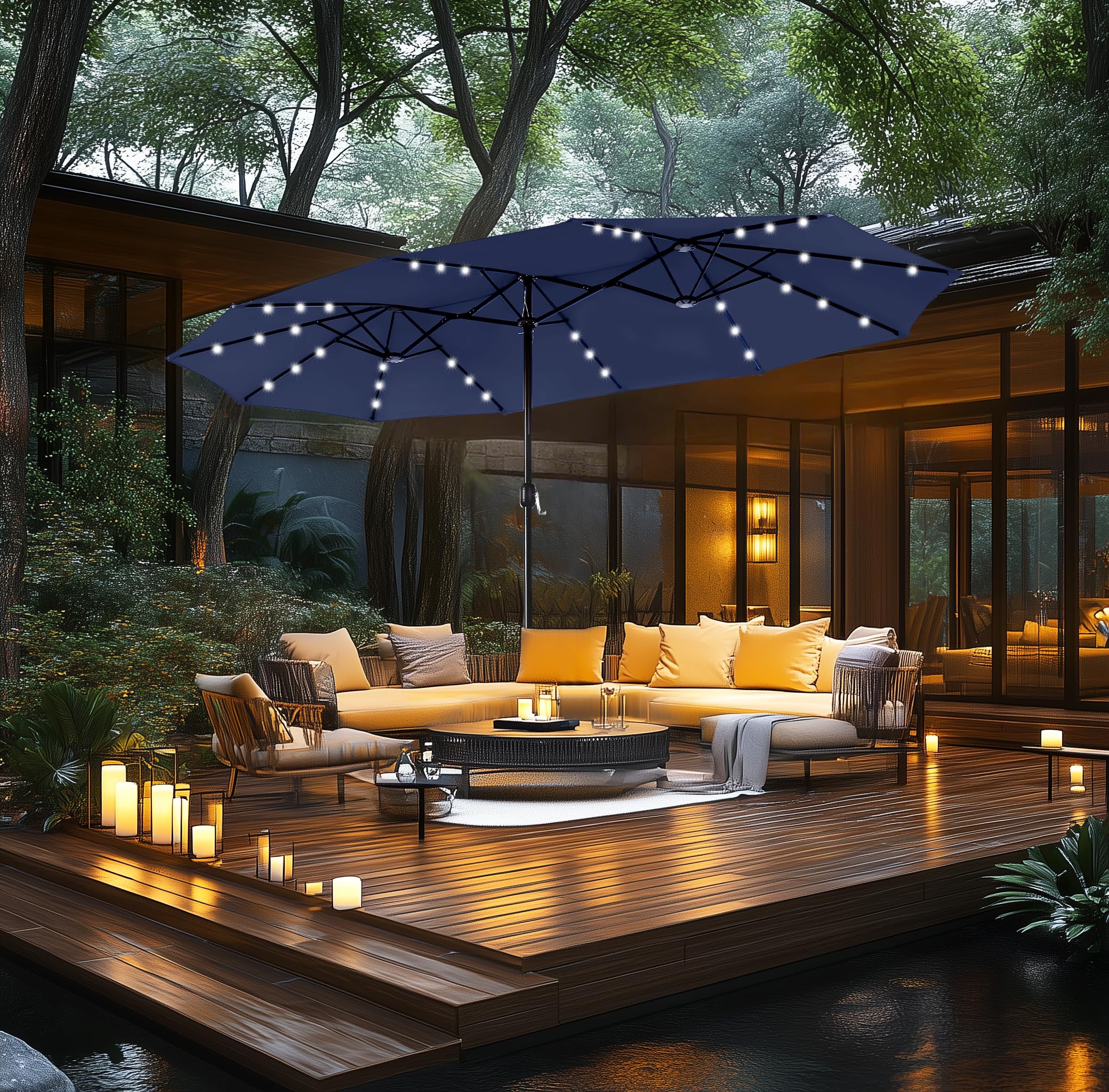 MFSTUDIO 15ft Double Sided Solar LED Patio Umbrella with Crank Handle - Outdoor Rectangular Market Umbrella for Deck, Pool, Garden, and Backyard Shade - Includes Base & 36 LED Lights for Nighttime Ambiance