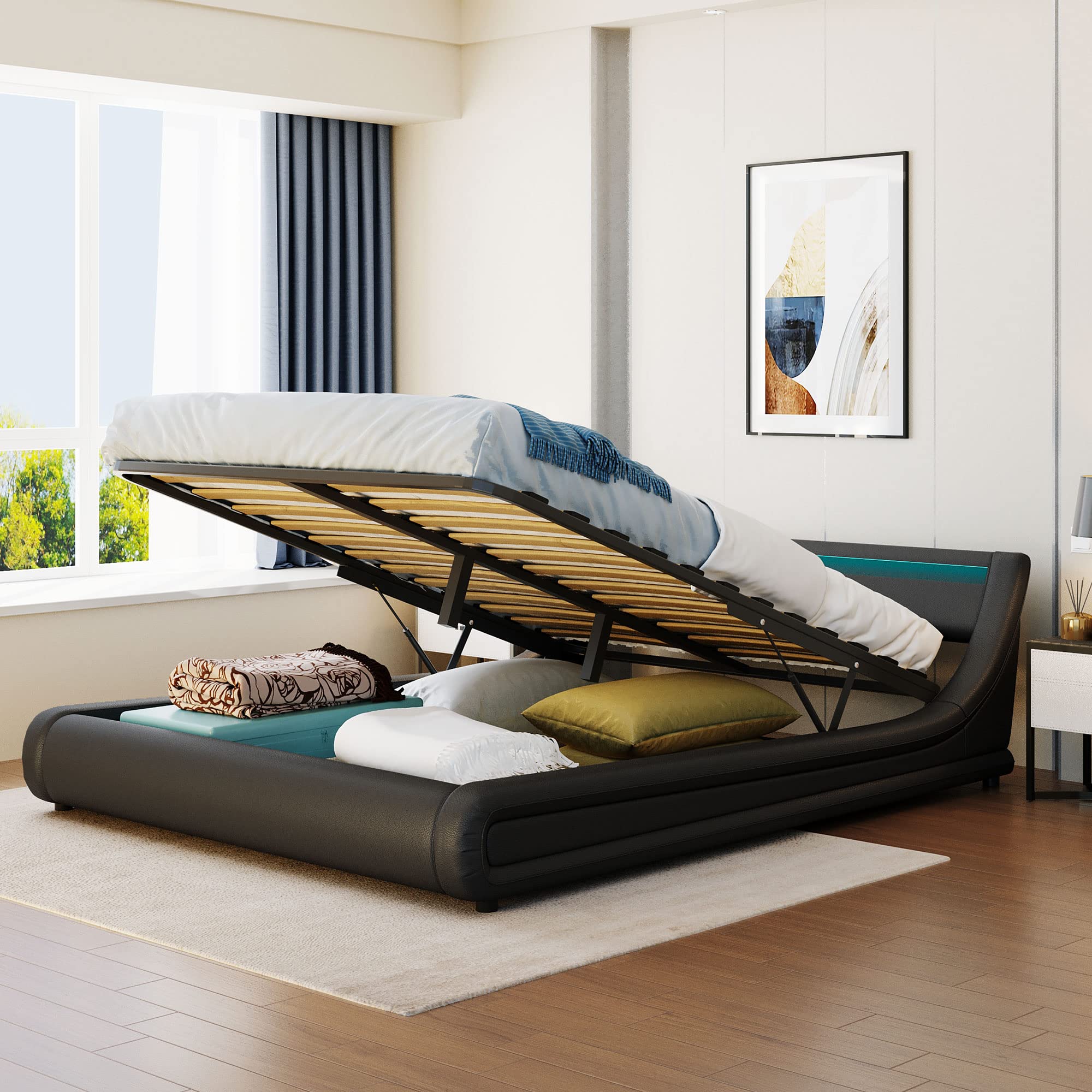Queen Size LED Light Headboard Upholstered Leather Bed Frame with Hydraulic Lift-up Storage - Modern Platform Bed for Master Bedroom & Guest Room
