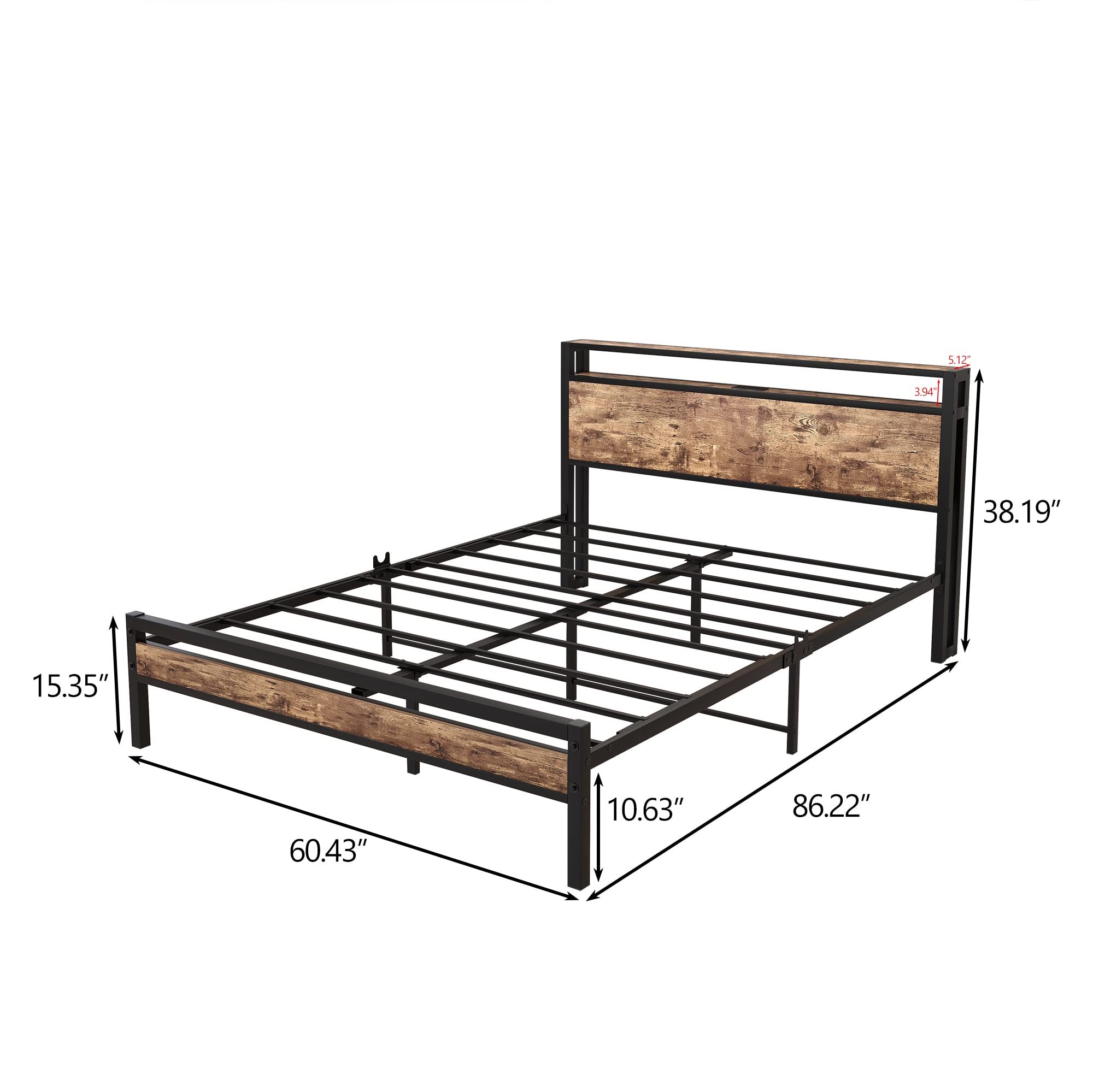BOFENG Black Queen Size Bed Frame with 2-Tier Storage Headboard & USB Charging Station - Heavy Duty Platform Bed with Under Bed Storage - No Box Spring Needed - Noise Free & Rustic Brown Finish - Perfect for Small Bedrooms, Guest Rooms & Modern Apartments