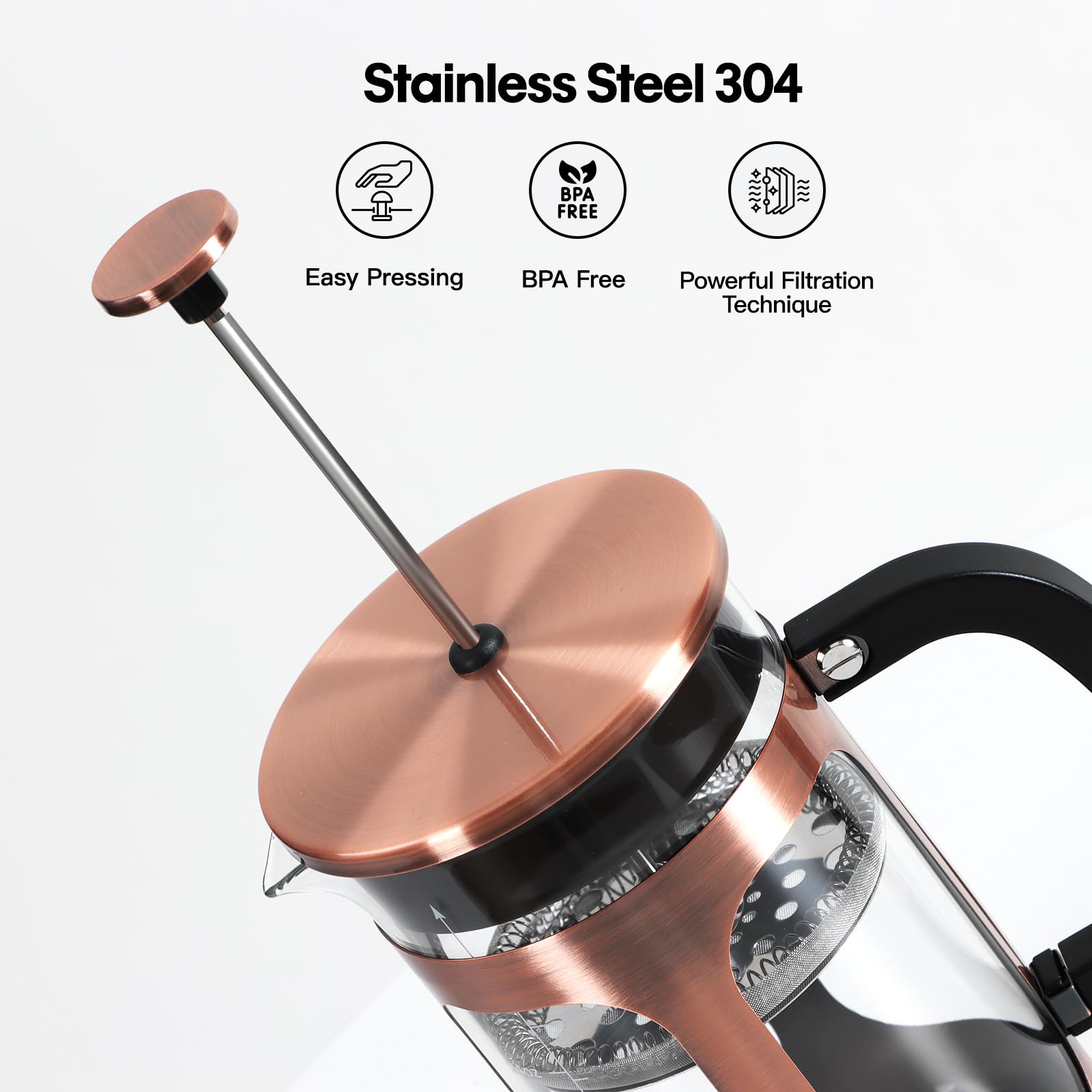 Panana 34oz 1L French Press Coffee Maker - Borosilicate Glass & Stainless Steel (Copper) - Ideal for Hot/Cold Brew Coffee & Tea at Home, Office or Camping