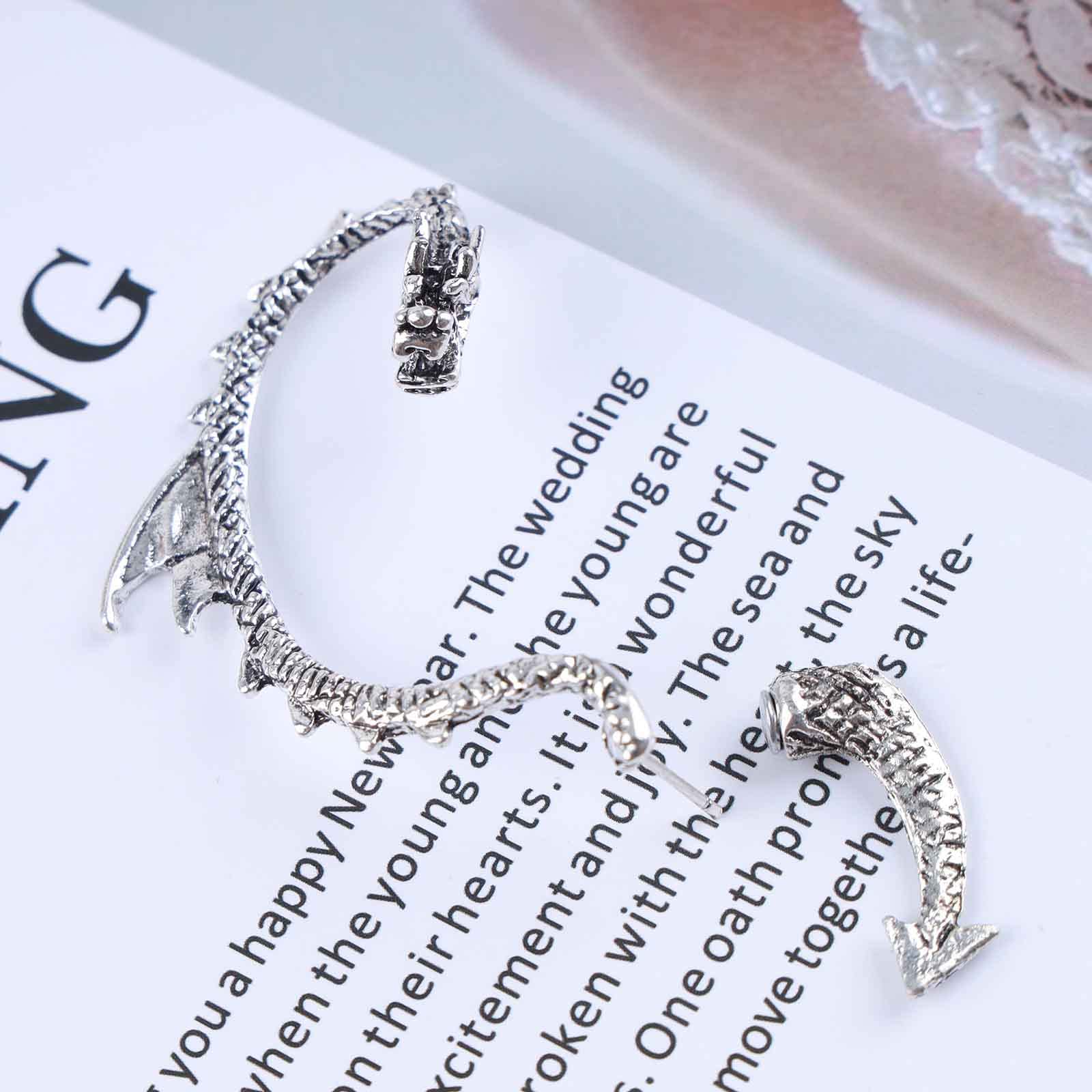 Vintage Dragon Ear Cuff Wrap Earrings - Silver Dragon Climber & Cartilage Ear Clip Jewelry for Women & Girls | Gothic Fantasy Costume, Cosplay, Festival & Everyday Wear