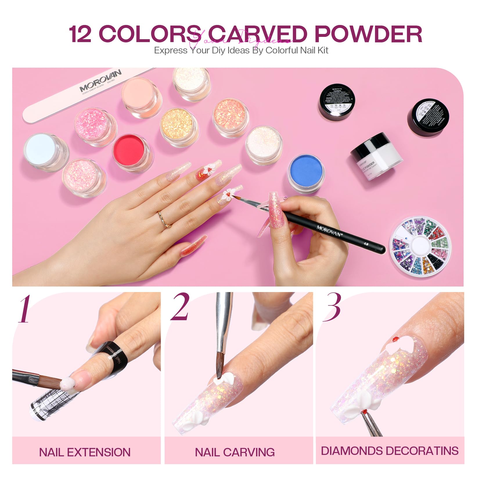 Morovan Professional Acrylic Nail Kit with UV Light - 12 Colors Acrylic Powder Set for Nail Extensions & Salon Quality Manicures | Perfect for Home Use, DIY Nail Art & Professional Nail Technicians