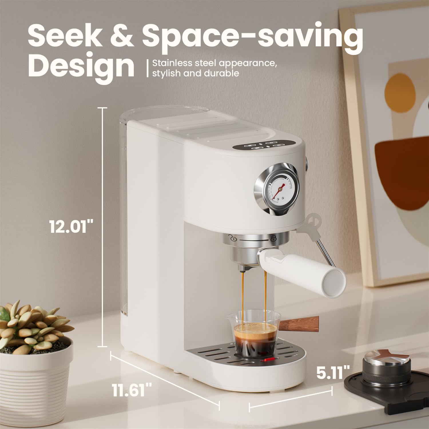 Premium 20Bar Espresso Machine with Milk Frother Steam Wand - Adjustable Cup Volume, 37oz Capacity for Latte & Cappuccino - Touch Screen & Pressure Gauge - Beige - Perfect for Home Baristas & Coffee Shops
