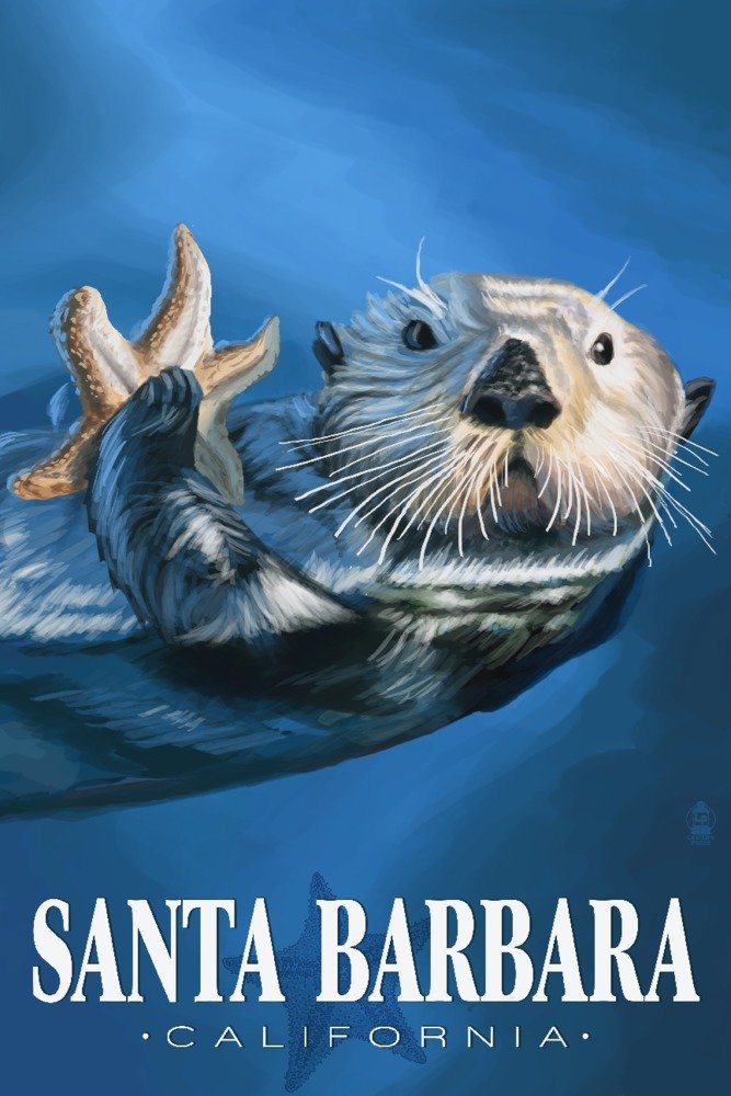 Signed Santa Barbara California Sea Otter with Starfish 24x36 Art Print - Premium Wall Decor Poster for Beach House, Ocean Theme Nursery & Coastal Living Room Decor