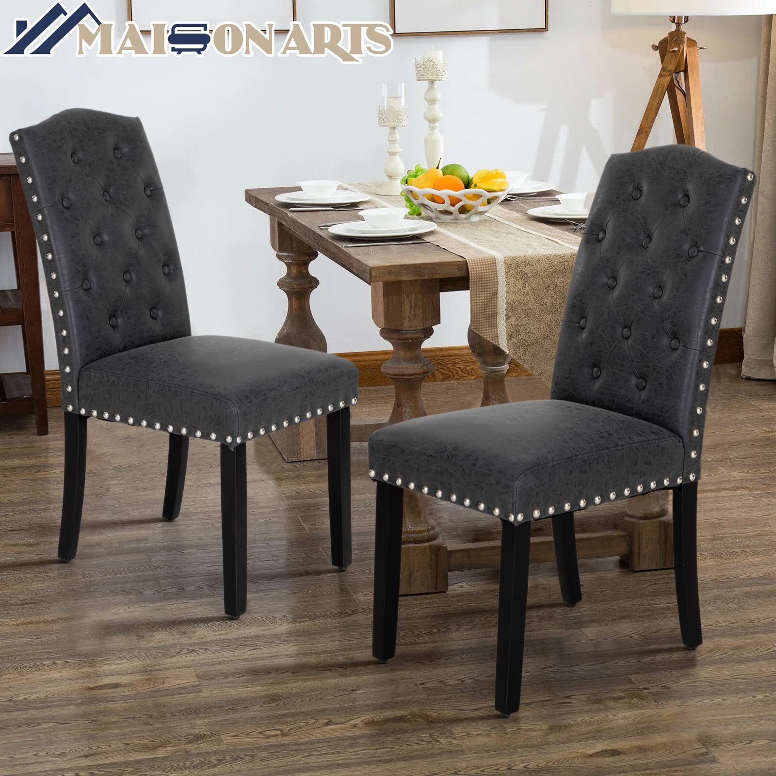 MAISON ARTS Set of 4 Faux Leather Dining Chairs - Upholstered Tufted Modern Kitchen Chairs with Nailhead Trim & Solid Wood Legs - Perfect for Dining Room, Kitchen, Restaurant & Home Decor (Black)