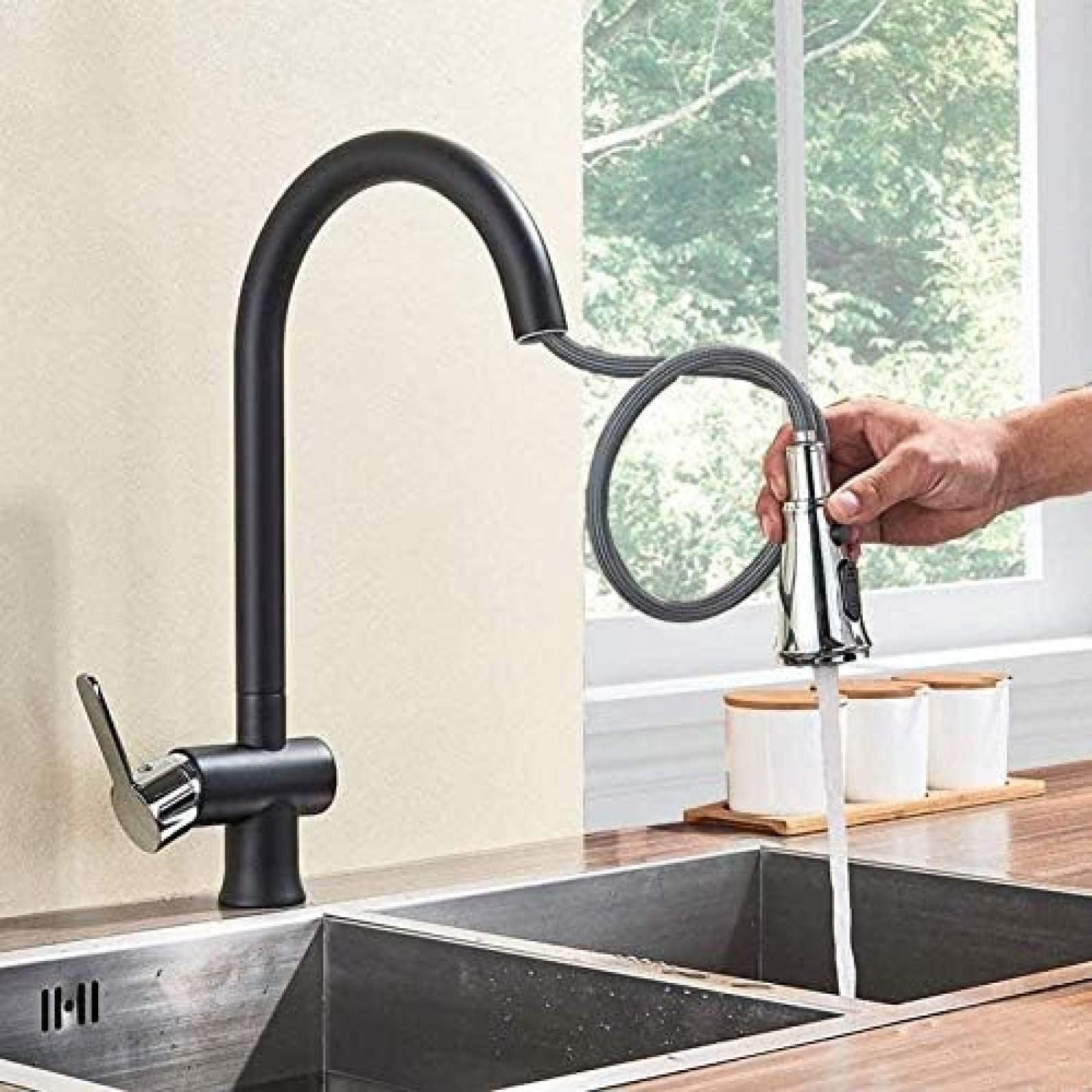 CRJUS Matte Black Pull Down Kitchen Faucet with Chrome Handle - 2 Function Spray Head for Hot & Cold Water Mixer - Perfect for Modern Kitchens, Cooking, and Dishwashing