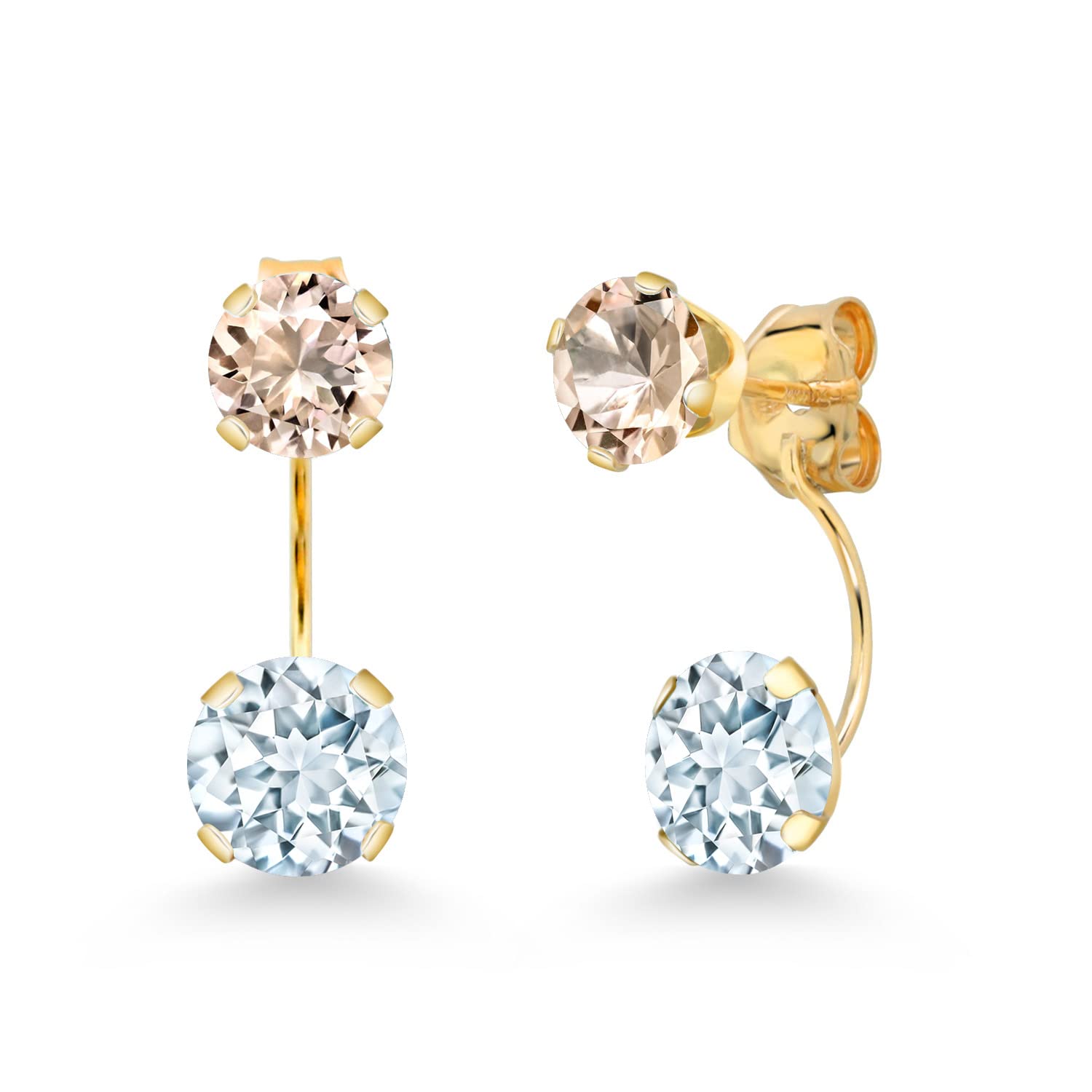 2.30 Ct Round Sky Blue Aquamarine & Peach Morganite 14K Yellow Gold Earrings for Women - Dainty Gemstone Stud Earrings for Wedding, Anniversary & Everyday Elegance