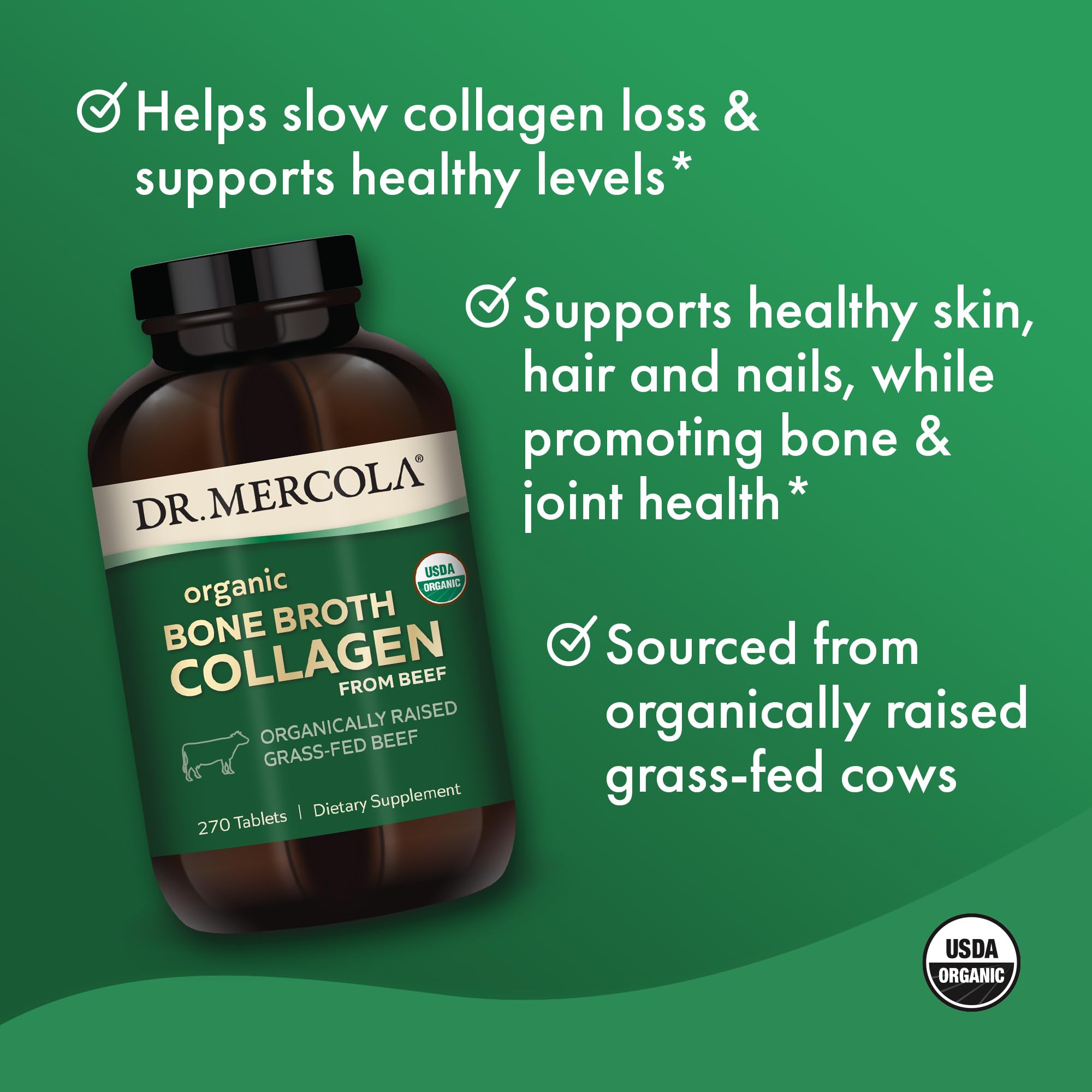 Organic Grass-Fed Beef Bone Broth Collagen Supplement - 270 Tablets (90 Servings) - USDA Certified, Non-GMO - Supports Joint & Bone Health - Perfect for Keto Diet, Post-Workout Recovery & Immune Support