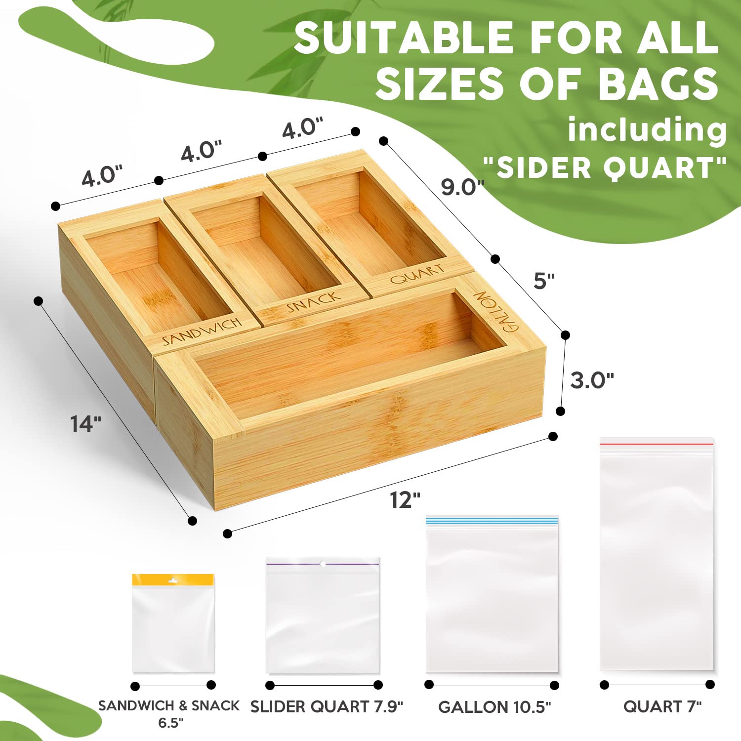 DALSHABET Bamboo Kitchen Drawer Organizer - 4 Compartment Food Storage Bag Holder for Gallon, Snack & Sandwich Bags (12x14 Inches, Beige) | Perfect for Pantry Organization & Meal Prep Storage