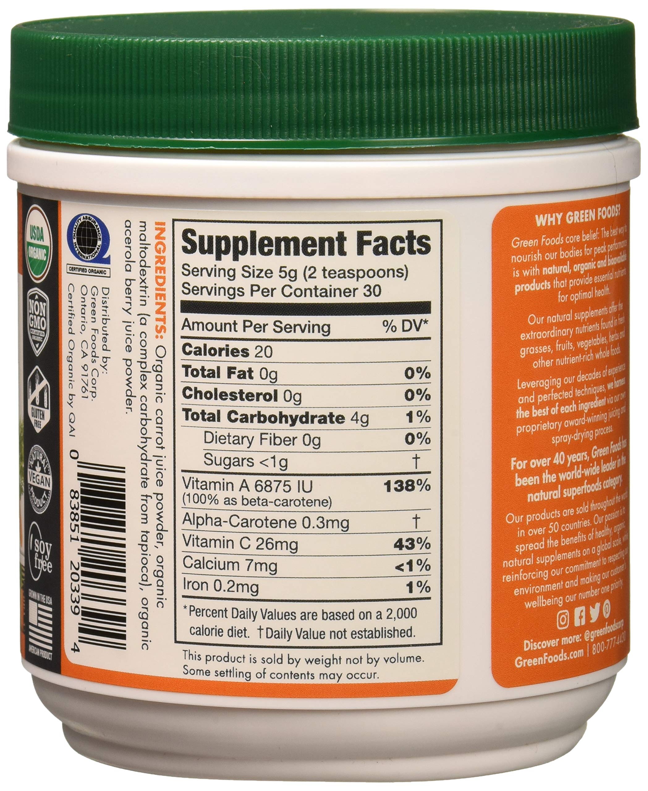 Organic Carrot Essence Powder by Green Foods - 6.8 oz | Vegan Superfood Supplement for Smoothies, Baking & Daily Wellness Boost