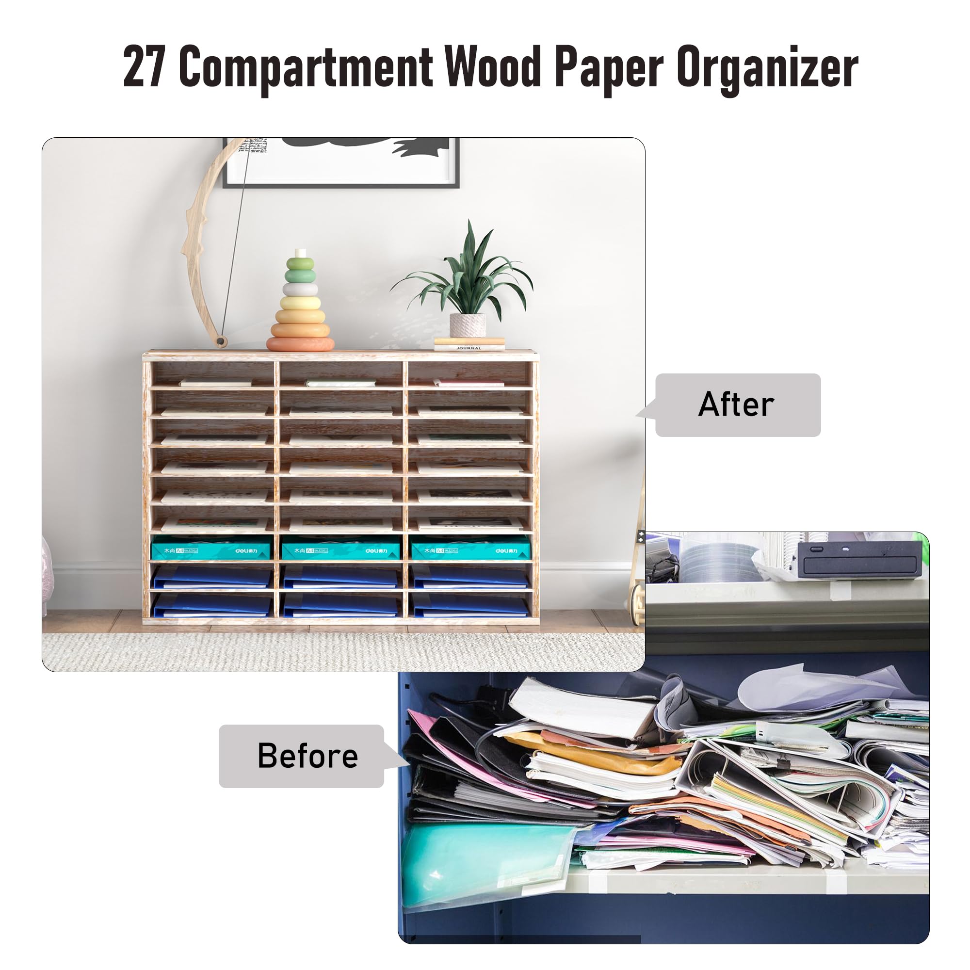 27-Slot Wooden Paper File Organizer for Desk - Large Retro White Mail Sorter for Office & Classroom - Perfect for Documents, Letters, and Office Supplies Organization