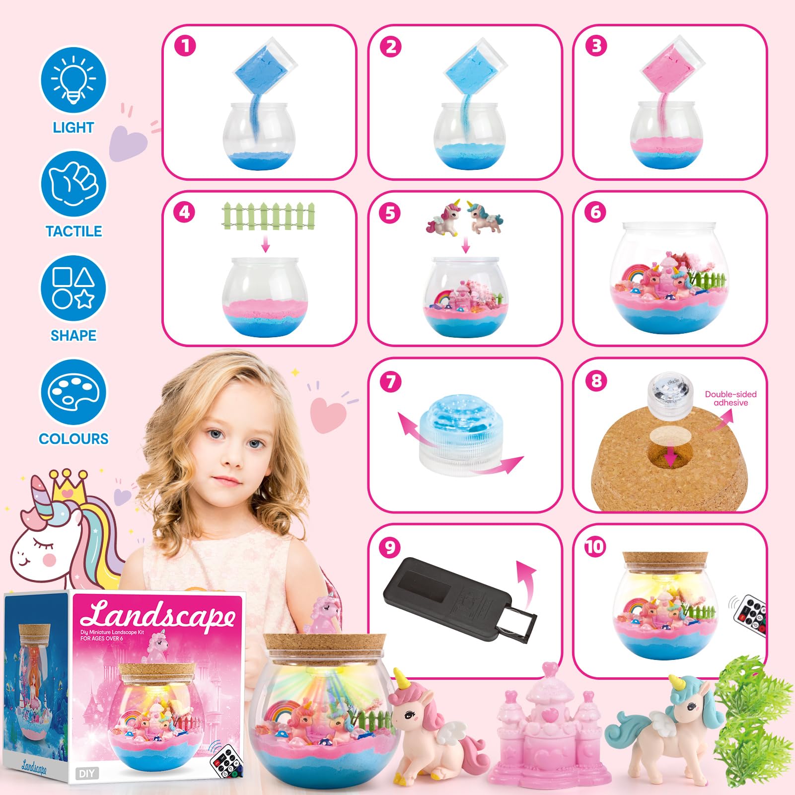 DIY Unicorn Terrarium Kit for Kids Ages 6-8 - Light Up Craft Toy with Glowing LED Base - Creative STEM Educational Gift for Christmas & Birthday - Perfect for Bedroom Decor, Science Projects & Imaginative Play