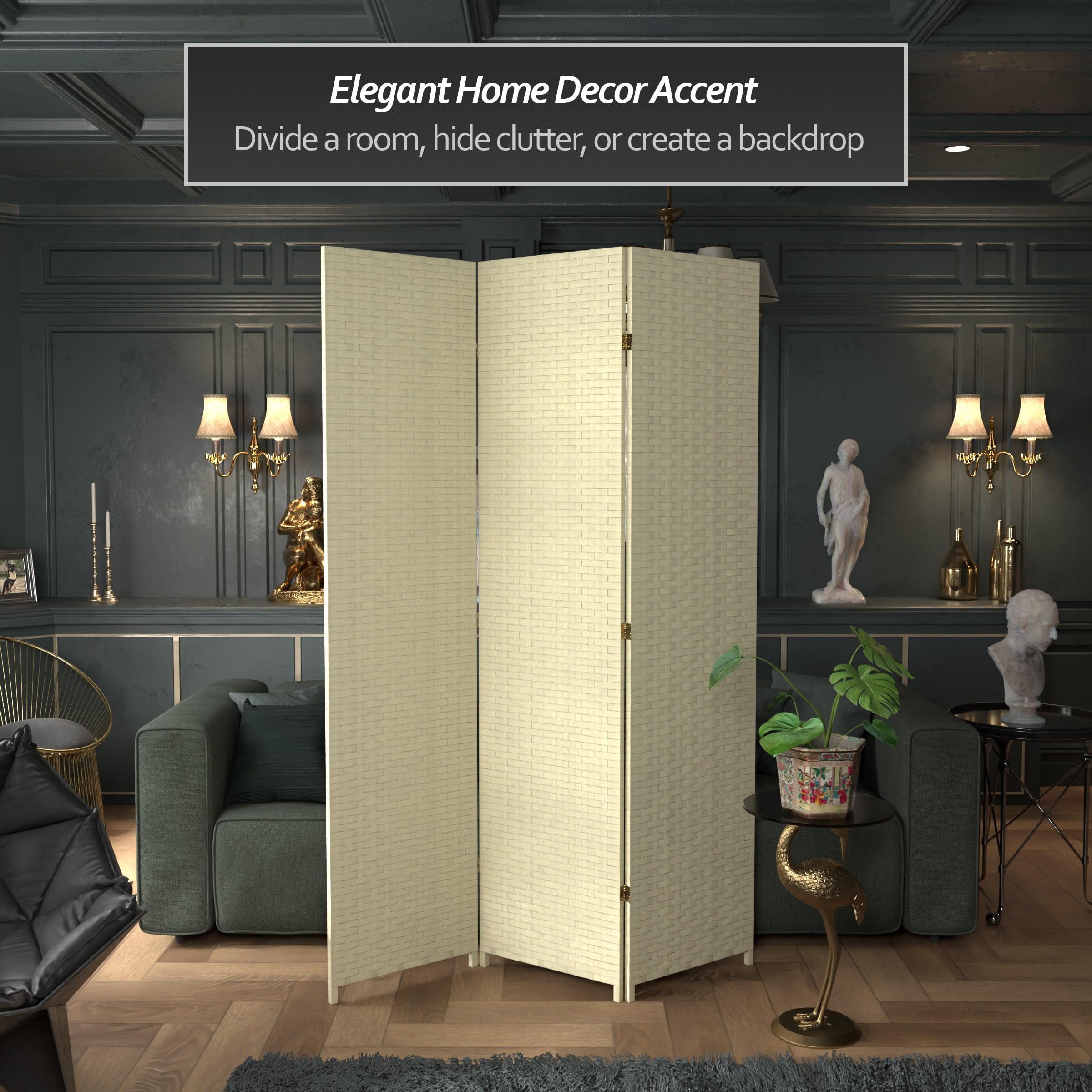 7 ft. Tall Red Lantern Woven Fiber Cream Room Divider - 3 Panel Folding Privacy Screen for Home, Office & Wedding Decor