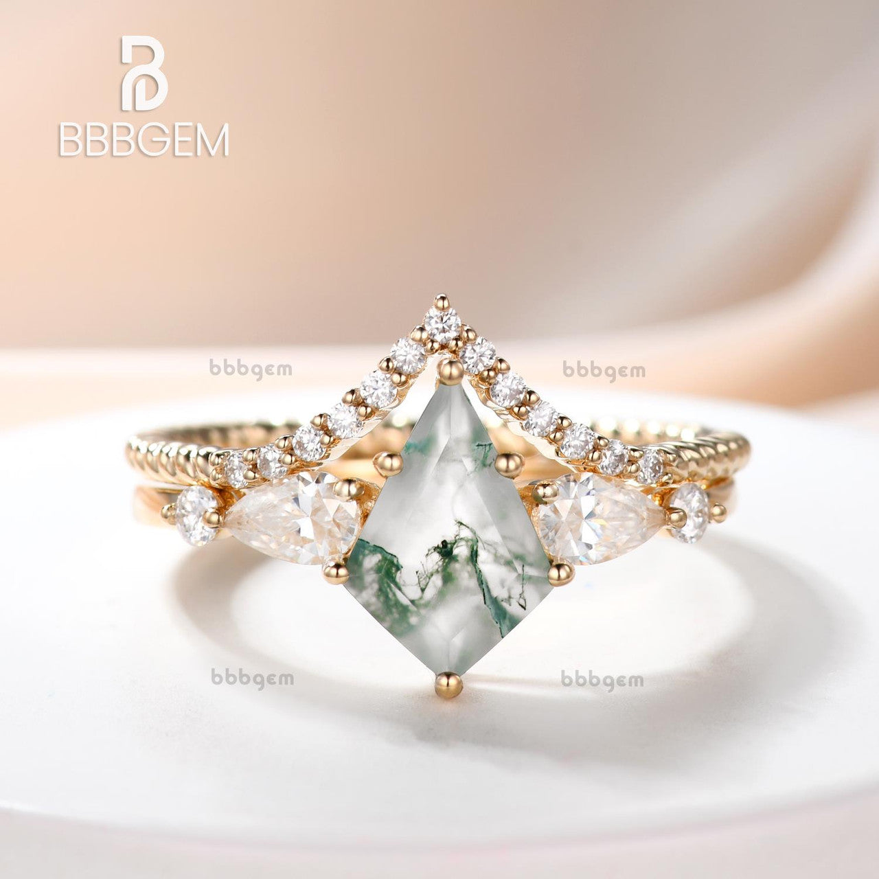 Women's Geometric Green Moss Agate Ring Set - Kite Lozenge White Gold Plated Jewelry for Wedding, Anniversary & Special Occasions