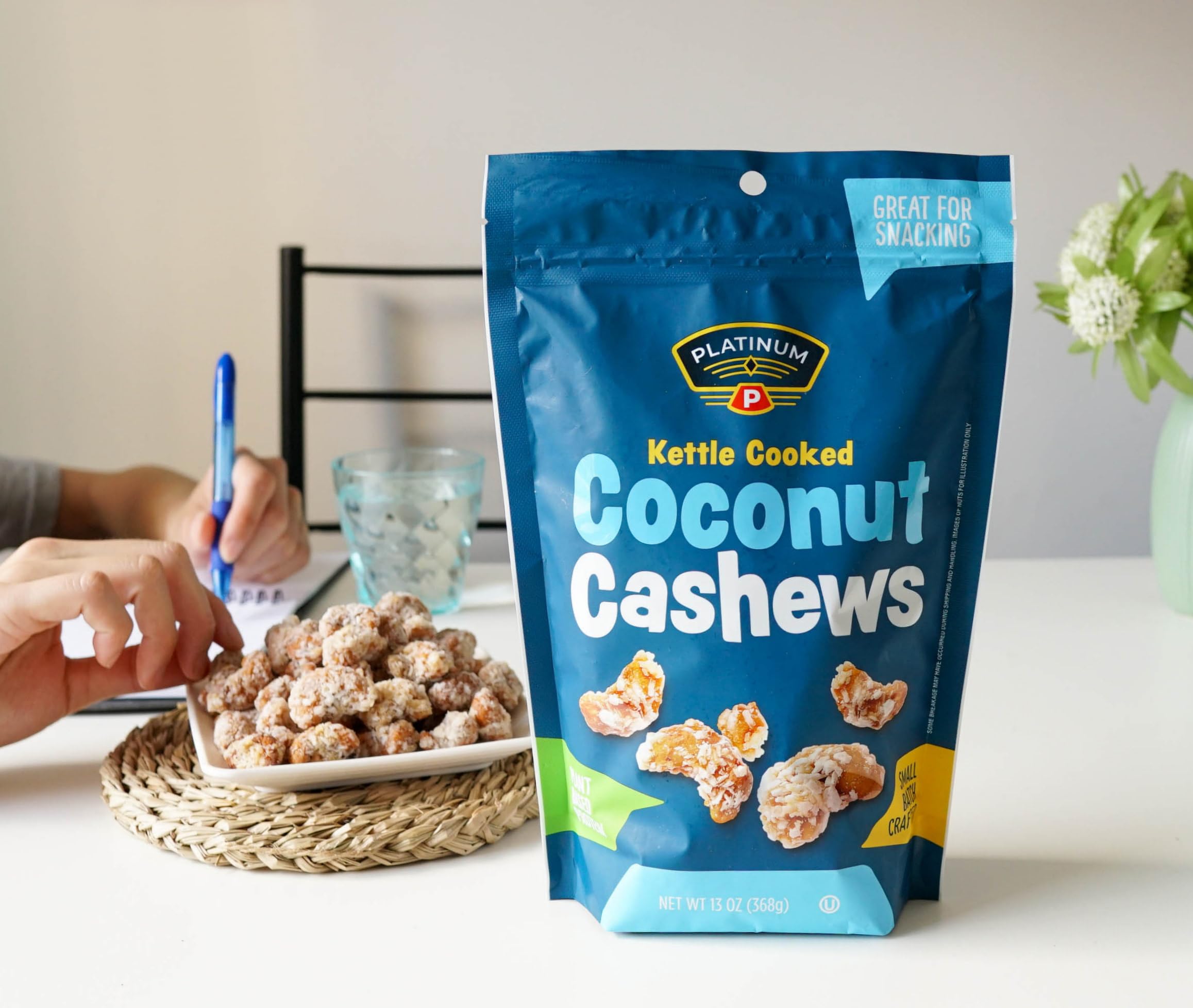 Premium Kettle Cooked Coconut Cashews - Vegan Protein Snack, High Fiber, Gluten-Free, Healthy Nuts for Energy - Resealable 13oz Pouch - Perfect for Home, Office, Gym & School Snacking