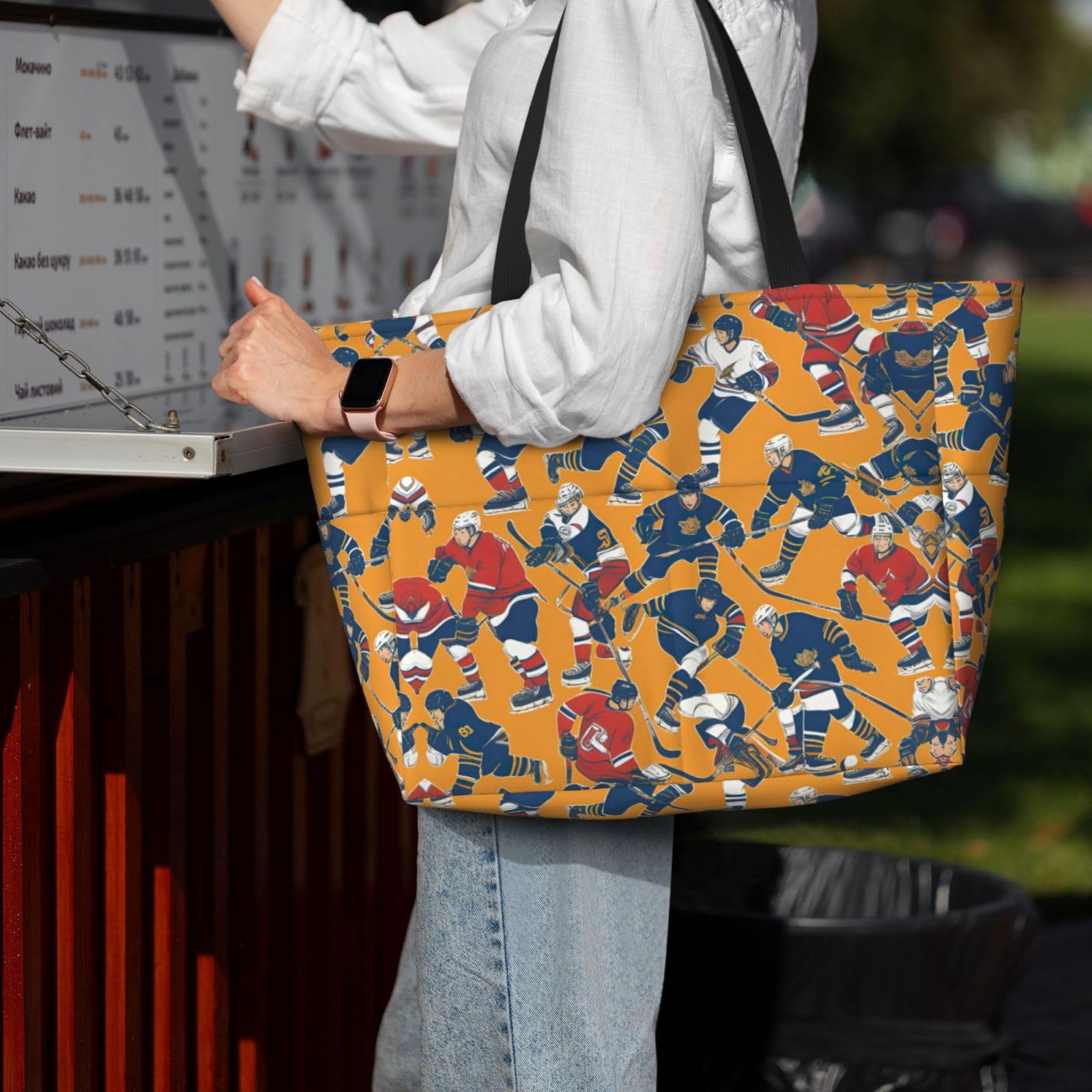 Waterproof Hockey Print Gym Shoulder Bag - Large Fashion Tote for Sports, Beach & Travel - Durable Black Workout Bag for Men & Women | Perfect for Gym, Swimming, Vacation & Outdoor Activities