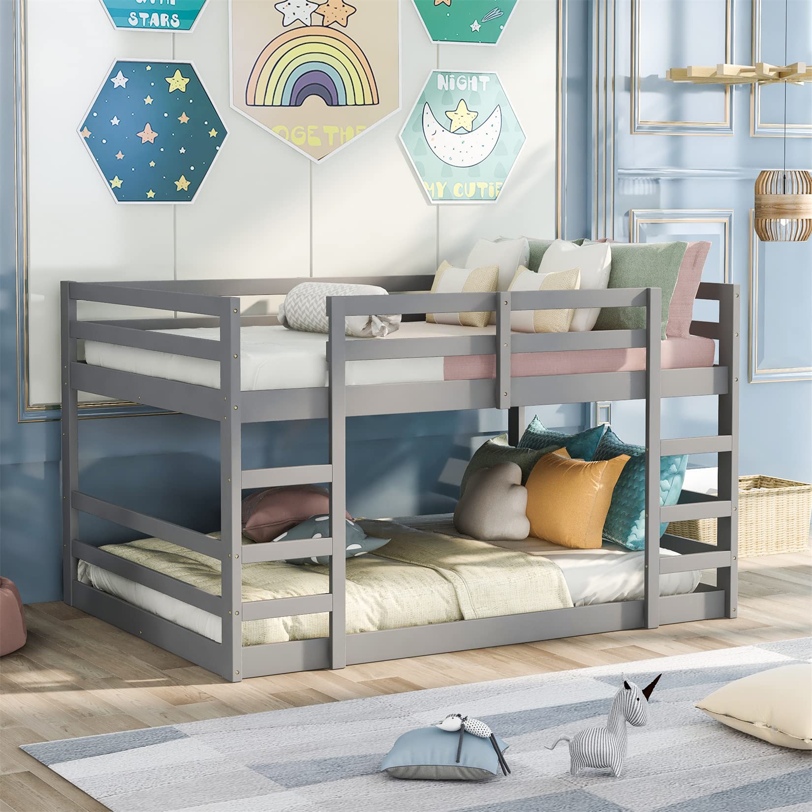Full Over Full Low Bunk Bed Frame - Sturdy Wood Bunkbed for Kids, Teens & Dorm Rooms - Space-Saving Gray Twin Bunk Beds for Boys & Girls - Perfect for Small Bedrooms, Shared Kids' Rooms & College Dorms