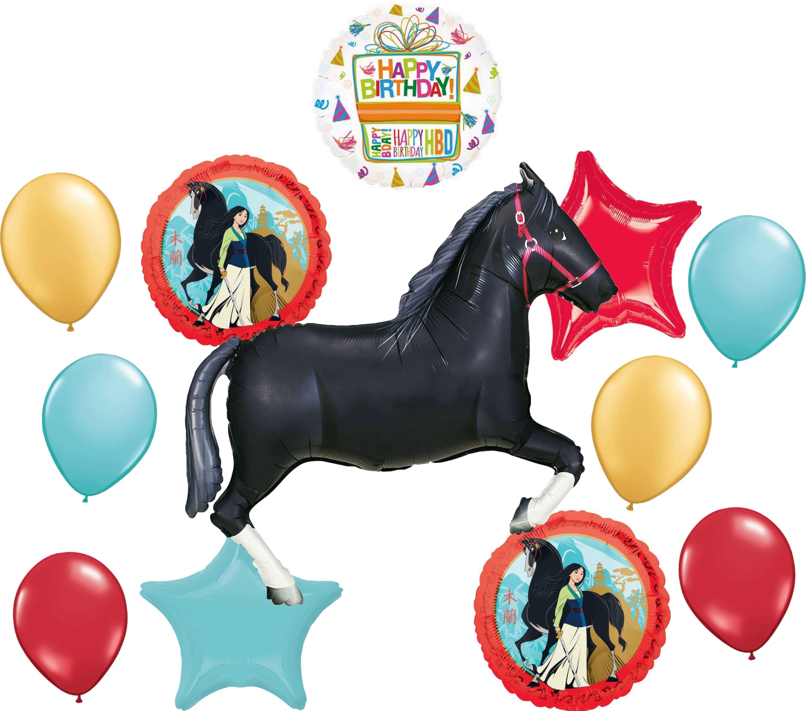 Mulan Birthday Balloon Bouquet Set - Disney Princess Party Decorations with Black Horse Balloons for Birthday, Baby Shower & Themed Celebrations