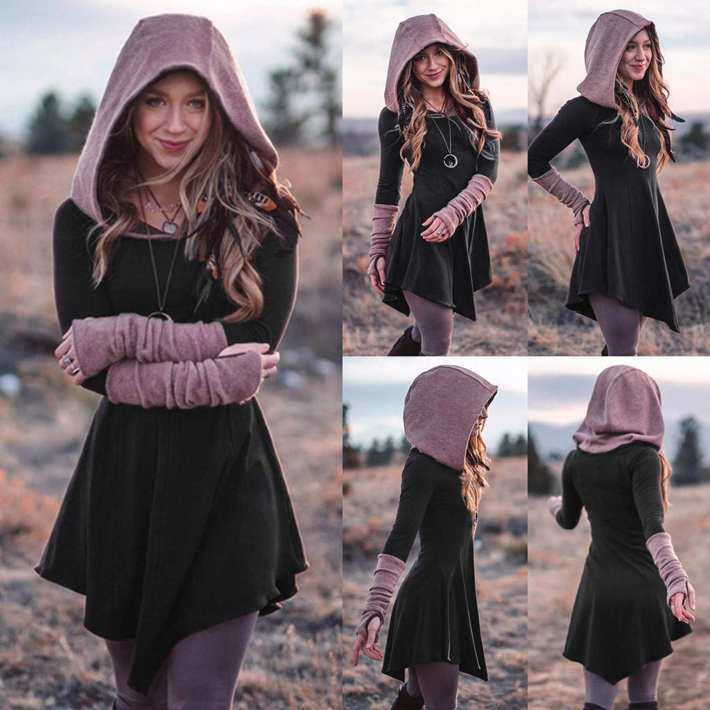 Vintage Hooded Long Sleeve Midi Dress for Women - Black Renaissance Style Fall Summer Dress | Perfect for Renaissance Fairs, Halloween Costumes & Boho Fashion Outfits